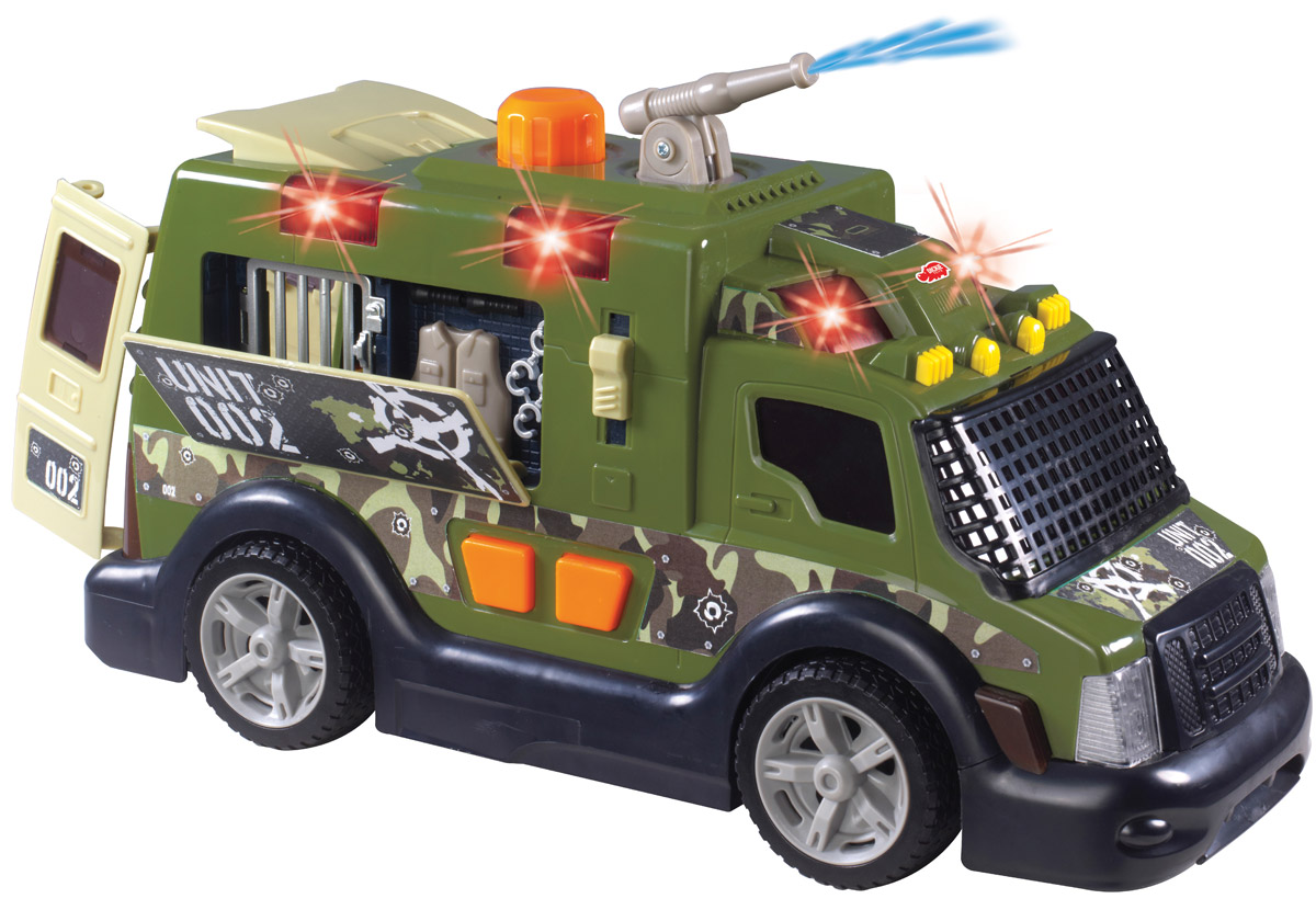 Dickie Toys Броневик Armor Truck3308364 Dickie Toys Броневик Armor Truck3308364Броневик Dickie Toys Armor Truck с водометом непременно понравится вашему ребенку. Задние дверцы машины открываются с помощью большой педали на крыше, боковая панель откидывается при опускании рычажка, расположенного рядом с панелью. Кнопки на борту машины включают световые и звуковые эффекты: мигают маячки, звучит рокот мотора, слышны звуки стрельбы. Откидывание боковой панели также сопровождается звуковыми эффектами. Вращающийся водомет активируется путем нажатия на большую кнопку, расположенную на крыше машины. Предварительно машина заправляется водой. С этой игрушкой ваш малыш будет часами занят игрой. Порадуйте его таким замечательным подарком! Для работы игрушки необходимы 2 батарейки напряжением 1,5V типа АА (товар комплектуется демонстрационными).