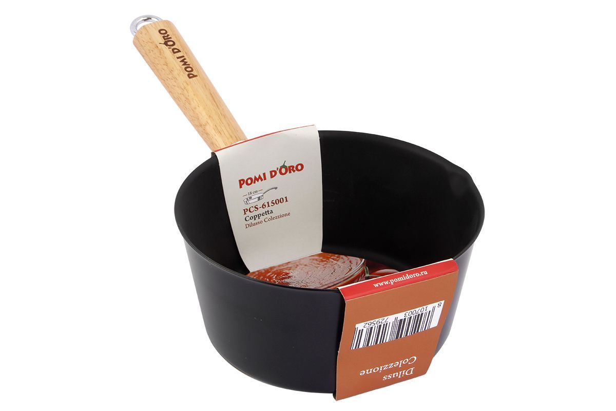 Соусник Pomi d’Oro Dilusso. Диаметр 18 см77.858@24254 / PCS-615001 Dilusso Соусник Pomi d’Oro Dilusso. Диаметр 18 см77.858@24254 / PCS-615001 DilussoСоусник Pomi dOro, модель PCS-615001, коллекция Dilusso. Диаметр 18 см, 1.5 л ,уникальное покрытие Marcomb внутри и черное термостойкое покрытие снаружи. Ручки из светлого дерева со стальным каркасом и двуточечным креплением. Штамповка из углеродистой стали по специальной пресс-форме, толщина стали - 1,2мм. Marcomb - это новейшая разработка в сфере антипригарных покрытий. Имеет ячеистую структуру, содержащую в себе молекулы силикона. Благодаря своему составу такое покрытие наносится особым способом, что придает ему невероятную устойчивость к трещинам и сколам - вы даже можете использовать металлические аксессуары при приготовлении! Антипригарные свойства Marcomb сохраняются невероятно долго. Вы сможете готовить практически без использования масла и жира! Антипригарное покрытие Marcomb: - устойчиво к царапинам, сколам, отслоению, высоким температурам - содержит молекулы силикона для лучших антипригарных свойств - не содержит PFOA