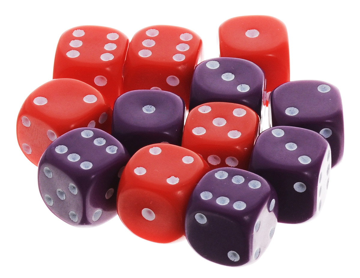 Pandoras Box Набор кубиков для настольных игр цвет фиолетовый красный 12 шт02DG151_фиолетовый, красный Pandoras Box Набор кубиков для настольных игр цвет фиолетовый красный 12 шт02DG151_фиолетовый, красныйНабор игральных кубиков Pandoras Box предназначен для настольных игр. Набор состоит из 12 шестигранных кубиков. На каждую сторону кубика нанесены в виде точек числа от 1 до 6. Целью броска кубика является демонстрация случайно определенного числа, каждое из которых является равновозможным благодаря правильной геометрической форме. Игральные кубики выполнены из прочного пластика.