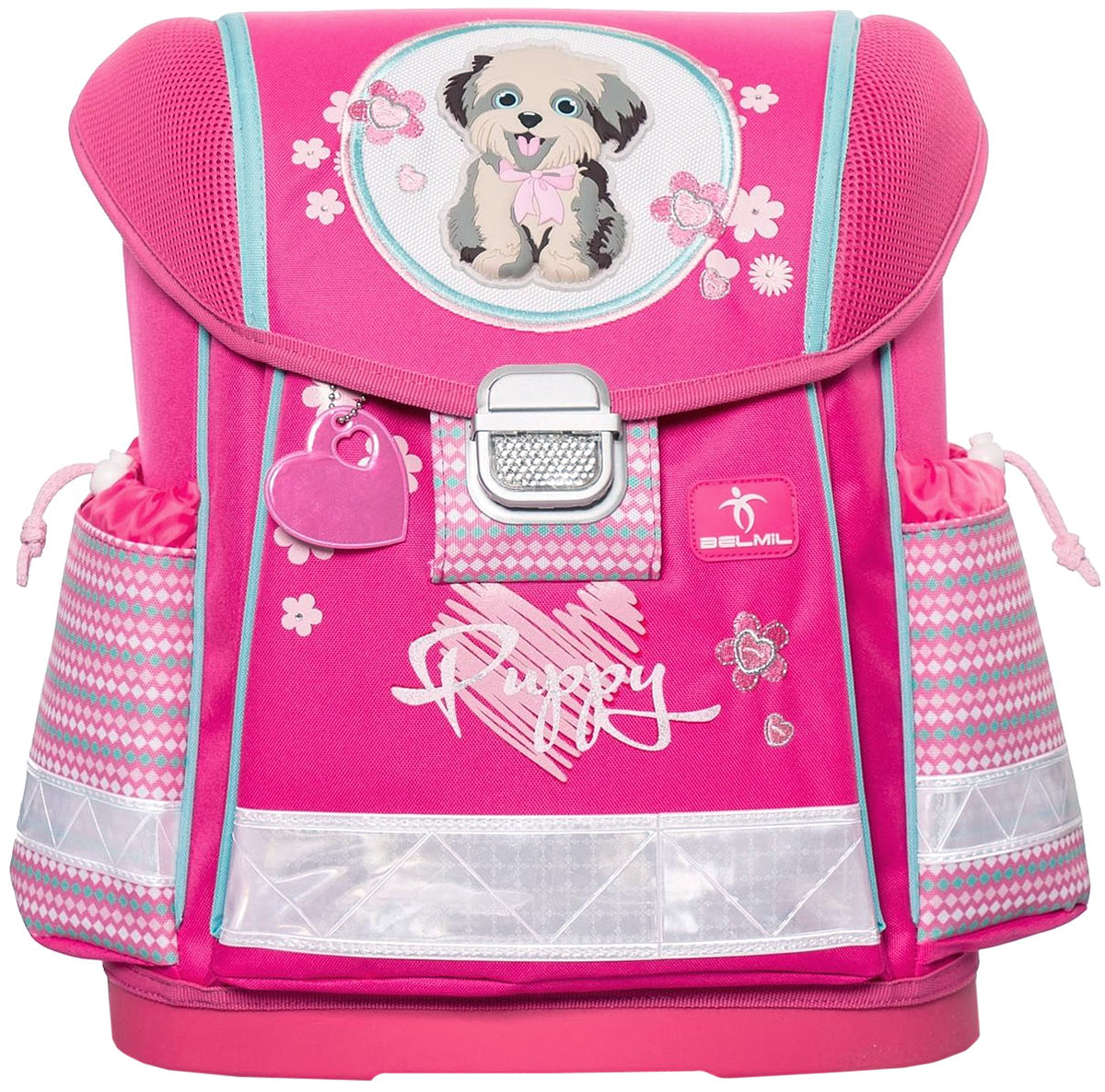 Belmil Ранец школьный Puppy403-13/406 Belmil Ранец школьный Puppy403-13/406Школьный ранец Belmil Puppy с анатомической спинкой из вентилируемого материала - это классическая модель ранца, которая так полюбилась школьникам. Ранец имеет одно вместительное отделение, оснащенное разделителями для учебников и тетрадей. Передний карман содержит два небольших кармашка для канцелярских принадлежностей. Основное отделение и передний карман закрываются на клапан с металлической защелкой. На внутренней поверхности клапана имеется прозрачный кармашек для расписания. По бокам ранца расположены открытые карманы с утяжкой шнуром. Рюкзак декорирован объемной аппликацией в виде щеночка и вышивкой. Анатомическая спинка надежно защищает позвоночник ребенка от перегрузки. Мягкие широкие и регулируемые лямки имеют систему распределения нагрузки, что также помогает сохранить осанку школьника. Прочная ручка с прорезиненной вставкой и петля для подвешивания обеспечивают удобство использования. Пластиковое дно надежно оберегает учебники и тетради от воды. Ранец легко...