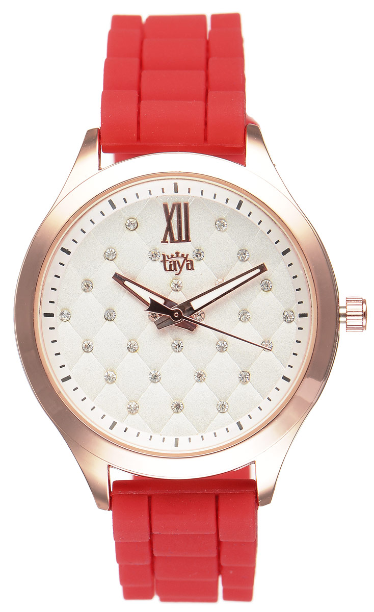 Часы наручные женские Taya, цвет: золотистый, красный. T-W-0201T-W-0201-WATCH-GL.RED Часы наручные женские Taya, цвет: золотистый, красный. T-W-0201T-W-0201-WATCH-GL.REDСтильные женские часы Taya выполнены из минерального стекла, силикона и нержавеющей стали. Циферблат часов инкрустирован стразами и оформлен символикой бренда. На стрелки нанесен светящийся состав. Корпус часов оснащен кварцевым механизмом со сменным элементом питания, а также силиконовым ремешком с практичной пряжкой. Часы поставляются в фирменной упаковке. Часы Taya подчеркнут изящность женской руки и отменное чувство стиля у их обладательницы.