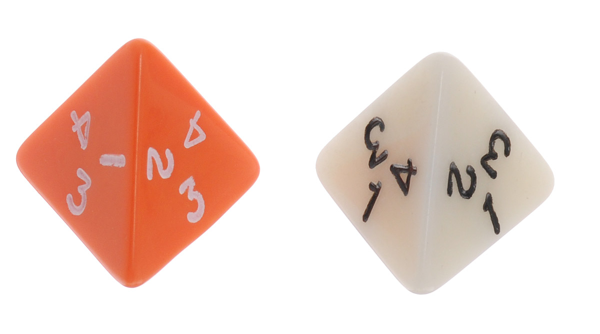 Koplow Games Набор игральных костей Простые D4 цвет оранжевый белый 2 шт2380_оранжевый, белый Koplow Games Набор игральных костей Простые D4 цвет оранжевый белый 2 шт2380_оранжевый, белыйНабор игральных костей Koplow Games Простые D4 предназначен для настольных игр. Набор состоит из двух четырехгранных костей. На каждую из четырех треугольных граней игральной кости нанесены числа от 1 до 4 в четырех различных комбинациях (грань 1 - 1, 2, 3; грань 2 - 1, 3, 4; грань 3 - 1, 2, 4, грань 4 - 2, 3, 4). Целью игральной кости является демонстрация случайно определенного числа, каждое из которых является равновозможным благодаря правильной геометрической форме. Игральные кости выполнены из прочного пластика.