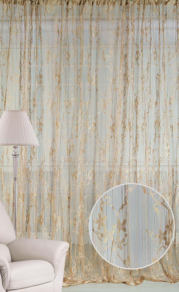 Штора нитяная Magnolia Кисея, цвет: золото, высота 250 см. CQ M 90008(14)68584 Штора нитяная Magnolia Кисея, цвет: золото, высота 250 см. CQ M 90008(14)68584Декоративная нитяная штора для дизайнерских решений в вашем доме. Подходит как для зонирования пространства, а так же декорации окна, как самостоятельное решение или дополнение к шторам.