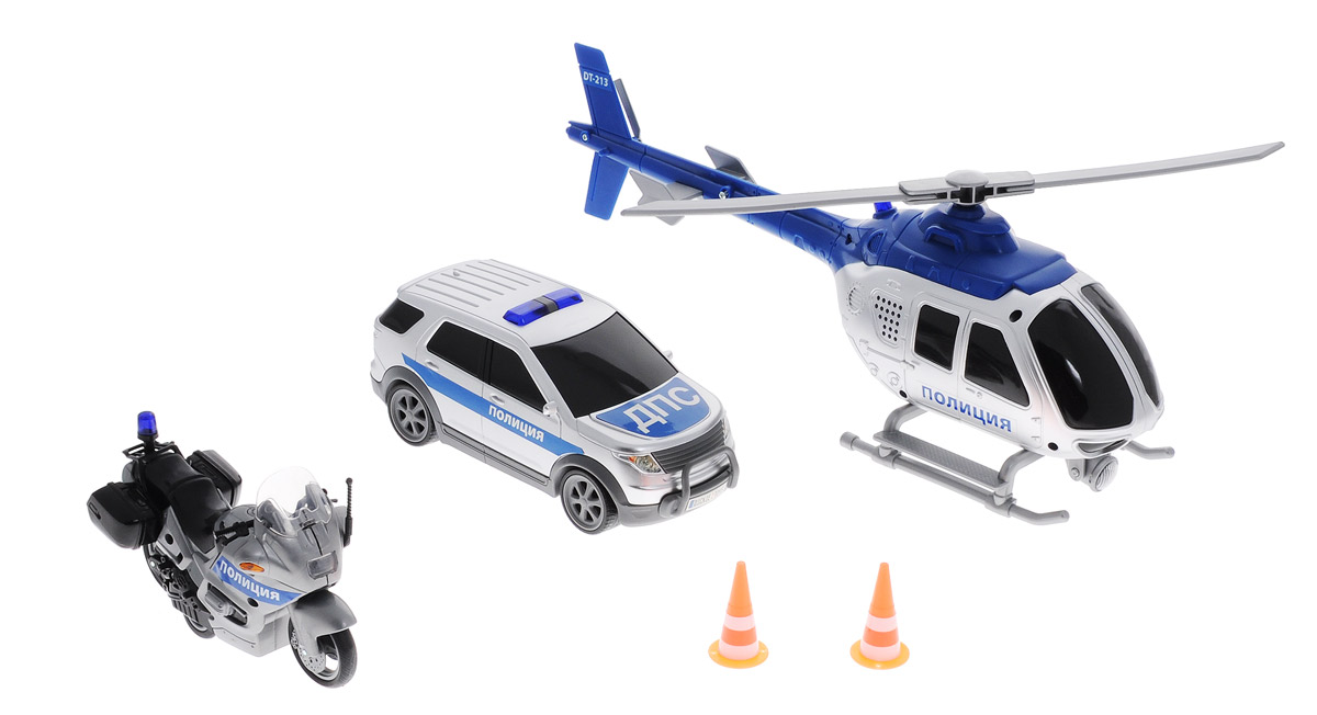Dickie Toys Игровой набор Полиция3313323 Dickie Toys Игровой набор Полиция3313323Игровой набор Dickie Toys Полиция - это мотоцикл, машина и вертолет для ролевой игры в спасателей. Мальчишки обожают подобные развлечения, поэтому им точно понравится этот набор. Он поможет развить фантазию и внимательность ребенка, а также научить его логике и мышлению. Элементы набора имеют реалистичный дизайн и яркое оформление. На изделиях нанесены все опознавательные знаки и название службы. У вертолета имеются световые и звуковые эффекты, а также вращается винт. Кроме того, все модели оснащены фрикционным механизмом. В наборе имеются 2 дорожных знака. Рекомендуется докупить 2 батарейки напряжением 1,5V типа АА (товар комплектуется демонстрационными).