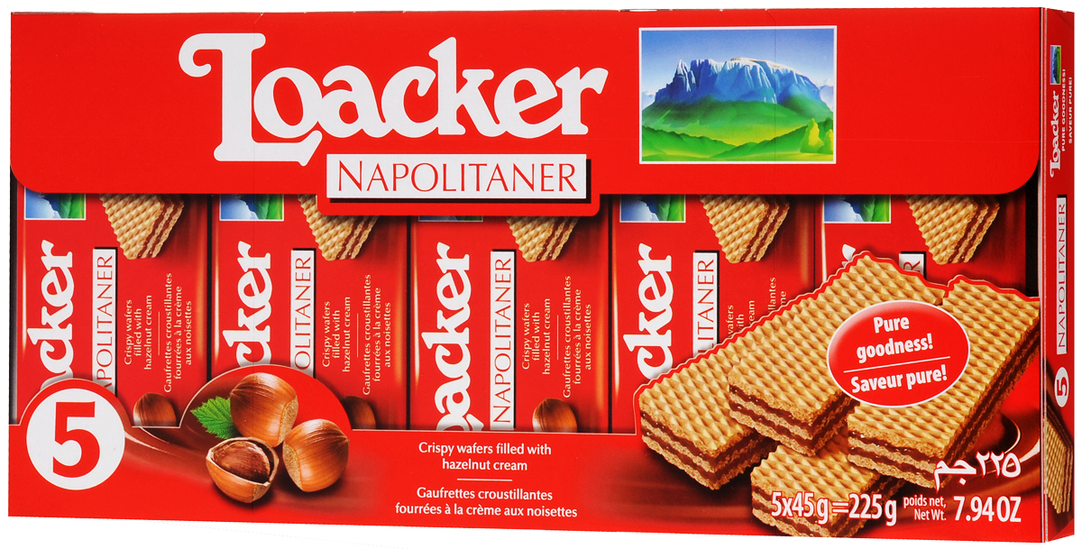 Loacker Наполитанер вафли, 225 г10051-058 Loacker Наполитанер вафли, 225 г10051-058Хрустящие вафли Loacker Наполитанер имеют множество поклонников во всем мире. 3 свежие вафли с 2 слоями нежнейшего орехового крема (75% продукта!) никого не оставят равнодушным.