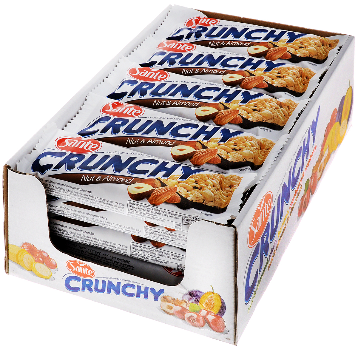 Sante Crunchy батончик мюсли с орехами и миндалем в шоколаде, 40 г (25 шт)5900617015730 Sante Crunchy батончик мюсли с орехами и миндалем в шоколаде, 40 г (25 шт)5900617015730Батончик мюсли Sante Crunchy имеет высокую питательную ценность и прекрасные вкусовые качества. Батончики являются прекрасной альтернативой высококалорийным шоколадным батончикам.