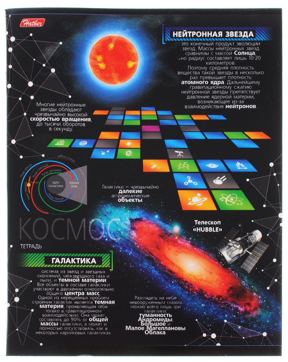 Hatber Тетрадь Космос 48 листов в клетку 48Т5вмВ1_1498448Т5вмВ1_14984 Hatber Тетрадь Космос 48 листов в клетку 48Т5вмВ1_1498448Т5вмВ1_14984Тетрадь Hatber Космос отлично подойдет для занятий школьнику, студенту, а также для различных записей. Обложка, выполненная из плотного картона, позволит сохранить тетрадь в аккуратном состоянии на протяжении всего времени использования. Обложка оформлена изображением различных астрономических объектов и дополнена полезной информацией о некоторых из них. Внутренний блок тетради, соединенный двумя металлическими скрепками, состоит из 48 листов белой бумаги. Стандартная линовка в клетку голубого цвета дополнена полями, совпадающими с лицевой и оборотной стороны листа. В верхнем углу каждой странички находится разделенное точками место для даты, в нижнем - пустые квадратики для номеров страниц.