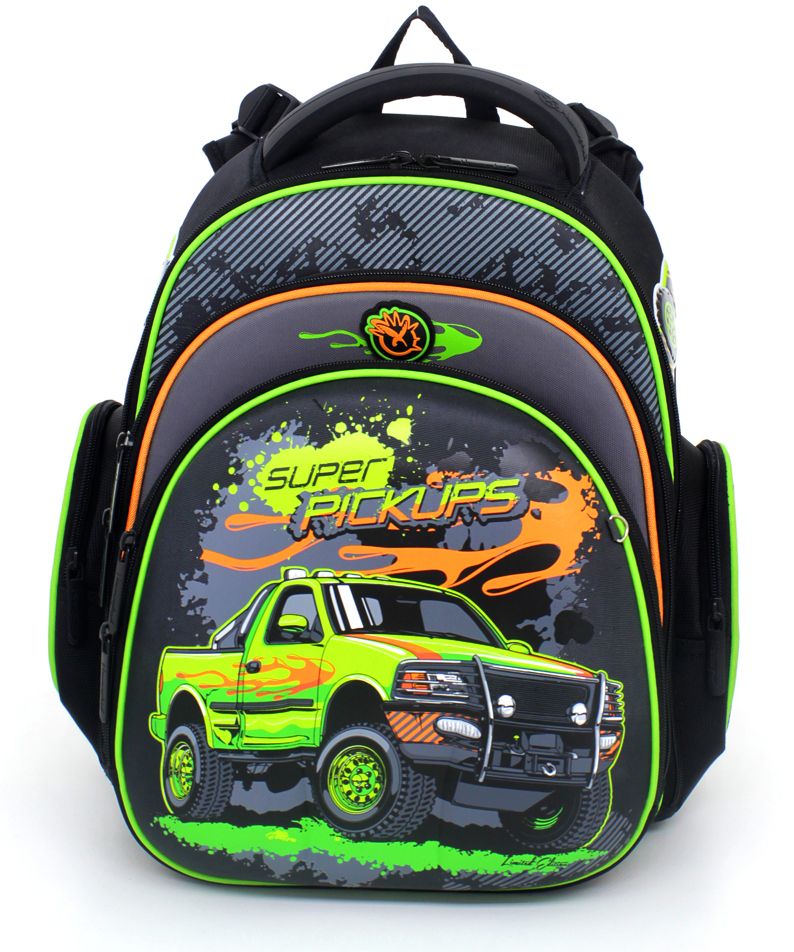 Hummingbird Ранец школьный для мальчика Super Pickups цвет черный оранжевый зеленыйTK22 Hummingbird Ранец школьный для мальчика Super Pickups цвет черный оранжевый зеленыйTK22Ранец школьный для мальчика Super Pickups подарит ребенку удобство и стильный внешний вид. Исполненный из полиэстера, он имеет два основных отделения на застежке- молнии, два боковых кармана на молнии и один спереди, широкие мягкие регулируемые лямки. Ткань ранца пропитана водоотталкивающим составом. Плотная ортопедическая спинка с анатомическими вставками обеспечит комфорт, а нагрудный фиксатор и жесткий формированный корпус подарят удобство при подвижных играх: ранец не будет хлопать по спине во время бега, а углы учебников травмировать спину ребенку. Для удобства переноски рюкзак снабжен ручкой. Вес ранца меньше килограмма, а изображение нанесено технологией прямого нанесения рисунка. В комплекте - мешок для сменки со специальной сетчатой вставкой, обеспечивающей проветривание