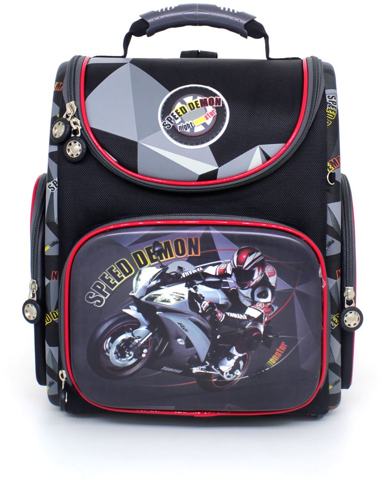 Hummingbird Ранец школьный Speed DemonK110 Hummingbird Ранец школьный Speed DemonK110Ранец Hummingbird Speed Demon - лучшее решение для школьников. Модель изготовлена из прочного материала (1680 den плотности). Круговая молния позволяет расстегнуть ранец, чтобы его легко можно было почистить изнутри (для того, чтобы в школе ребенок случайно не расстегнул молнии, предусмотрены специальные кнопки сбоку). Ортопедическая жесткая спинка back-to-back (спина-к-спине) обеспечивает более плотное прилегание к спине ребенка, распределяет нагрузку. Изделие содержит 2 отделения. Внутри - удобные отсеки для тетрадей, держатели для ручек, кармашки для канцелярских принадлежностей, а также отделения на резинке, которые фиксируют учебники и не дают им перемещаться при движении. Под крышкой ранца имеется место для расписания уроков. Снаружи размещены 3 кармана. Легко регулируемые широкие и мягкие эластичные лямки в форме маечки обеспечивают низкую посадку (до головы). Поясничный регулируемый поддерживающий ремень за счет переноса нагрузки с плеч на талию и бедра...