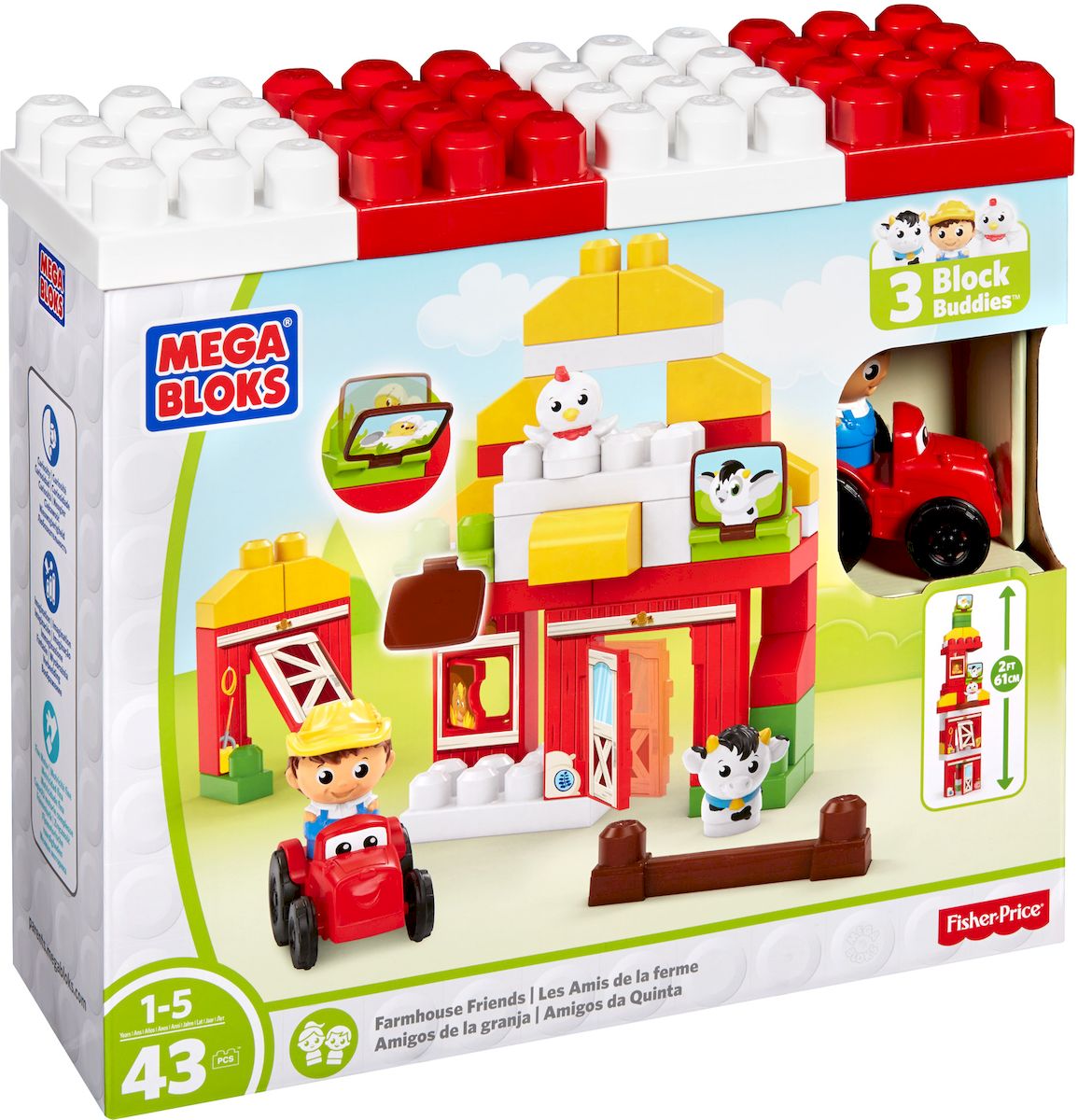 Mega Bloks First Builders Конструктор Друзья на фермеDPJ57 Mega Bloks First Builders Конструктор Друзья на фермеDPJ57Конструктор Mega Bloks First Builders. Друзья на ферме является прекрасным примером набора, стимулирующего воображение. Эта игрушка отправляет детей на приключения на ферме, это целый скотный двор, где вы можете построить дом для коровы и курицы, и фермер приступит к работе. Но дети не ограничиваются традиционным сараем, они могут использовать блоки, чтобы построить что угодно, даже более чем полуметровую башню с насестом для курицы. Придумайте свою ферму! Этот конструктор поставляется с крупными 43 деталями, удобными для маленьких ручек. Они складываются вместе и разъединяются с легкостью, подходят для детей в возрасте от 1 до 5 лет. В комплект также входят специальные детали, такие как подвижные двери и окна, панели для строительства здания еще выше и быстрее. В дополнение к корове и курочке, в комплекте также имеются подвижный трактор и фермер.