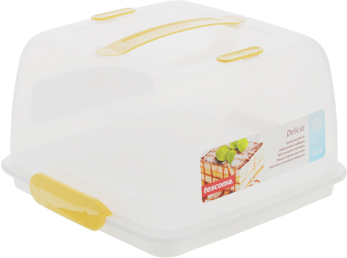 Тортовница-поднос с охлаждающим эффектом Tescoma Delicia, с крышкой, 28 х 28 см630842 Тортовница-поднос с охлаждающим эффектом Tescoma Delicia, с крышкой, 28 х 28 см630842Поднос Tescoma Delicia изготовлен из высококачественного прочного пластика. Он оснащен прозрачной крышкой и охлаждающим вкладышем. Отлично подходит для переноса и подачи тортов, десертов, канапе, бутербродов, фруктов. Благодаря специальному вкладышу блюда дольше остаются охлажденными и свежими. Крышка фиксируется на подносе за счет двух зажимов, а удобная ручка позволяет переносить поднос с места на место. Можно мыть в посудомоечной машине, кроме охлаждающего вкладыша. Размер подноса: 28 х 28 см. Высота подноса: 3 см. Высота крышки (без учета ручки): 14,5 см. Размер охлаждающего вкладыша: 13,5 х 13,5 х 1,5 см.