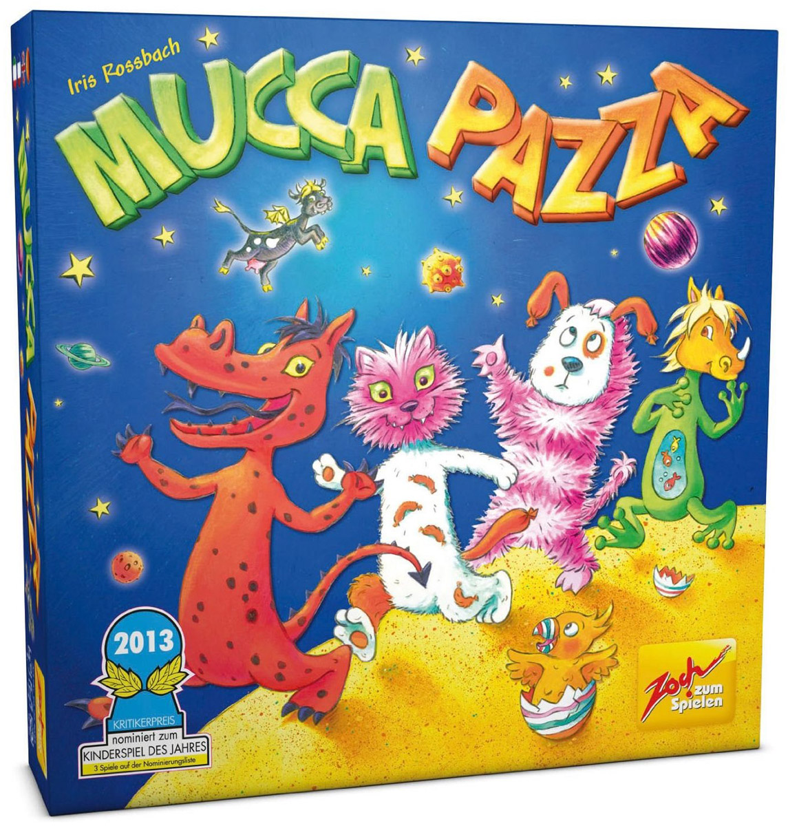 Zoch Настольная игра Большая путаница4015682050447 Zoch Настольная игра Большая путаница4015682050447Коровитяне приземлились! Но глупая корова по имени Безумная Буренка снова подшутила над своими друзьями: когда они телепортировались на Землю со своей планеты Коровитон, она нажала не ту кнопку, и неожиданно головы, туловища и ноги всех животных перепутались. Теперь всем им приходится постоянно придумывать друг другу новые имена. Животное с головой лягушки, туловищем дракона и ногами мартышки зовут лягудратышка, какаду с головой поросенка и черепашьими ногами - порокапаха. А как вы думаете, на кого похож собазеброг? Скоро вы непременно все увидите сами. Сможете ли вы помочь животным вернуть свои части тела обратно? Время игры: 15-20 минут. Состав игры: игровое поле, 12 деревянных звездочек, 30 карт животных и одна карточка привидения, 30 тайлов.