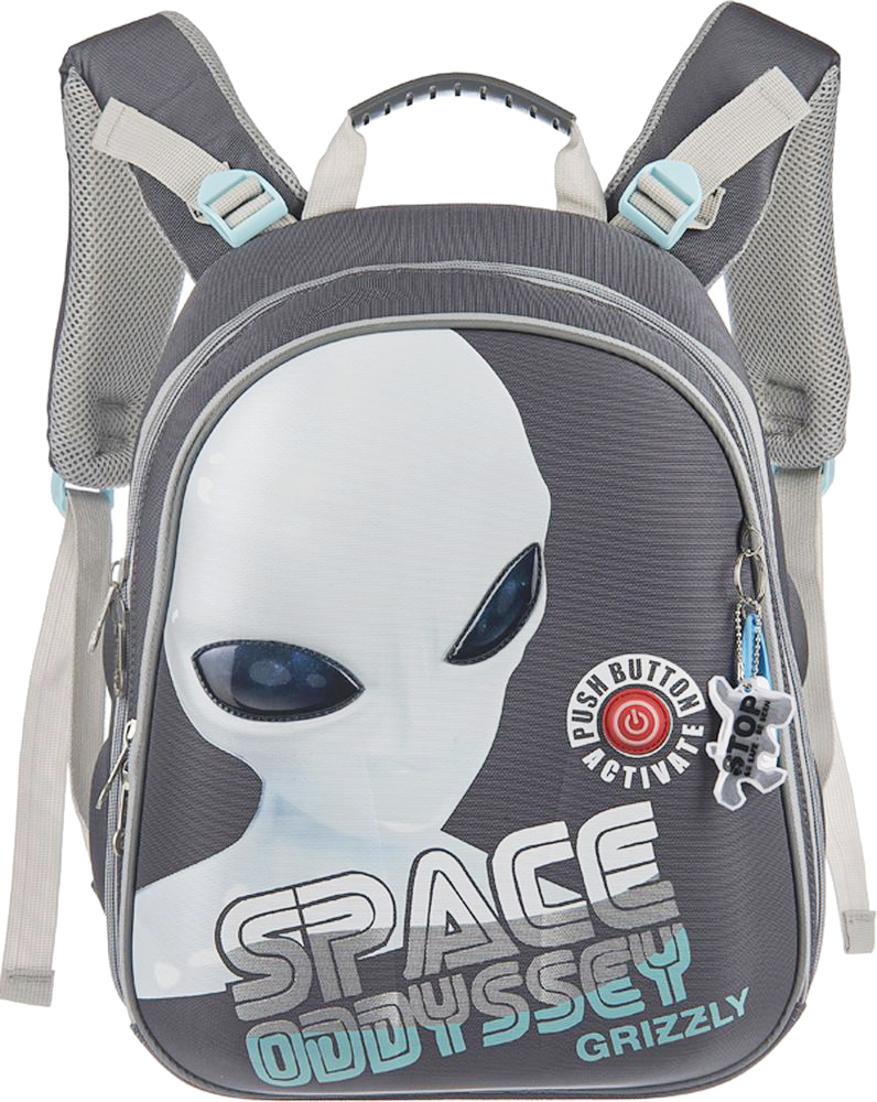 Grizzly Ранец школьный Space OddysseyRA-542-2/2 Grizzly Ранец школьный Space OddysseyRA-542-2/2Школьный ранец Grizzly Space Oddyssey подойдет всем, кто хочет разнообразить свои школьные будни. Ранец выполнен из материалов, которые отличаются устойчивостью к УФ-излучению и высокой морозоустойчивостью. Ранец имеет два основных вместительных отделения на застежках- молниях. В большом отделении расположены две мягкие перегородки для тетрадей и учебников. В другом отделении расположен органайзер для канцелярских принадлежностей, кармашек для мобильного телефона, два сетчатых кармана и лента с карабином для ключей. На лицевой стороне ранец декорирован карабином с мини-фонариком. Для удобной переноски в руке предусмотрена эргономичная ручка. Широкие регулируемые лямки и сетчатые мягкие вставки на спинке ранца предохранят мышцы спины ребенка от перенапряжения при длительном ношении. Высота посадки лямок может регулироваться благодаря специальным приспособлениям на спинке изделия. Ранец имеет легкую и устойчивую конструкцию. Прочное дно с...