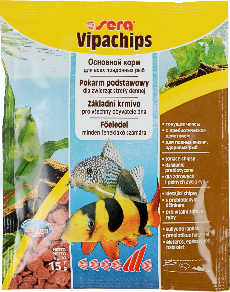 Sera Vipachips Корм для донных рыб, чипсы 15г15984 Sera Vipachips Корм для донных рыб, чипсы 15г15984Основной корм в форме чипсов для всех придонных рыб. Корм в форме чипсов состоит из различных водных живых кормов и быстро погружается. Этот сбалансированный и полезный для здоровья корм, соответствующий естественным потребностям рыб, особенно хорошо подходит для сомиков и боций, но также и для других видов придонных рыб. Чипсы сохраняют свою форму в течение длительного времени и не загрязняют воду.