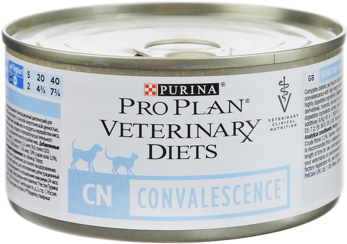 Консервы для кошек и собак Pro Plan Veterinary Diets. СN, при выздоровлении, 195 г12275730 Консервы для кошек и собак Pro Plan Veterinary Diets. СN, при выздоровлении, 195 г12275730Консервы Pro Plan Veterinary Diets. СN - полнорационный диетический корм для кошек и собак всех возрастов при выздоровлении. Рекомендован для восполнения питательных веществ, с высокой энергетической ценностью, с высокой концентрацией незаменимых питательных веществ и высокоусвояемыми ингредиентами. Товар сертифицирован.