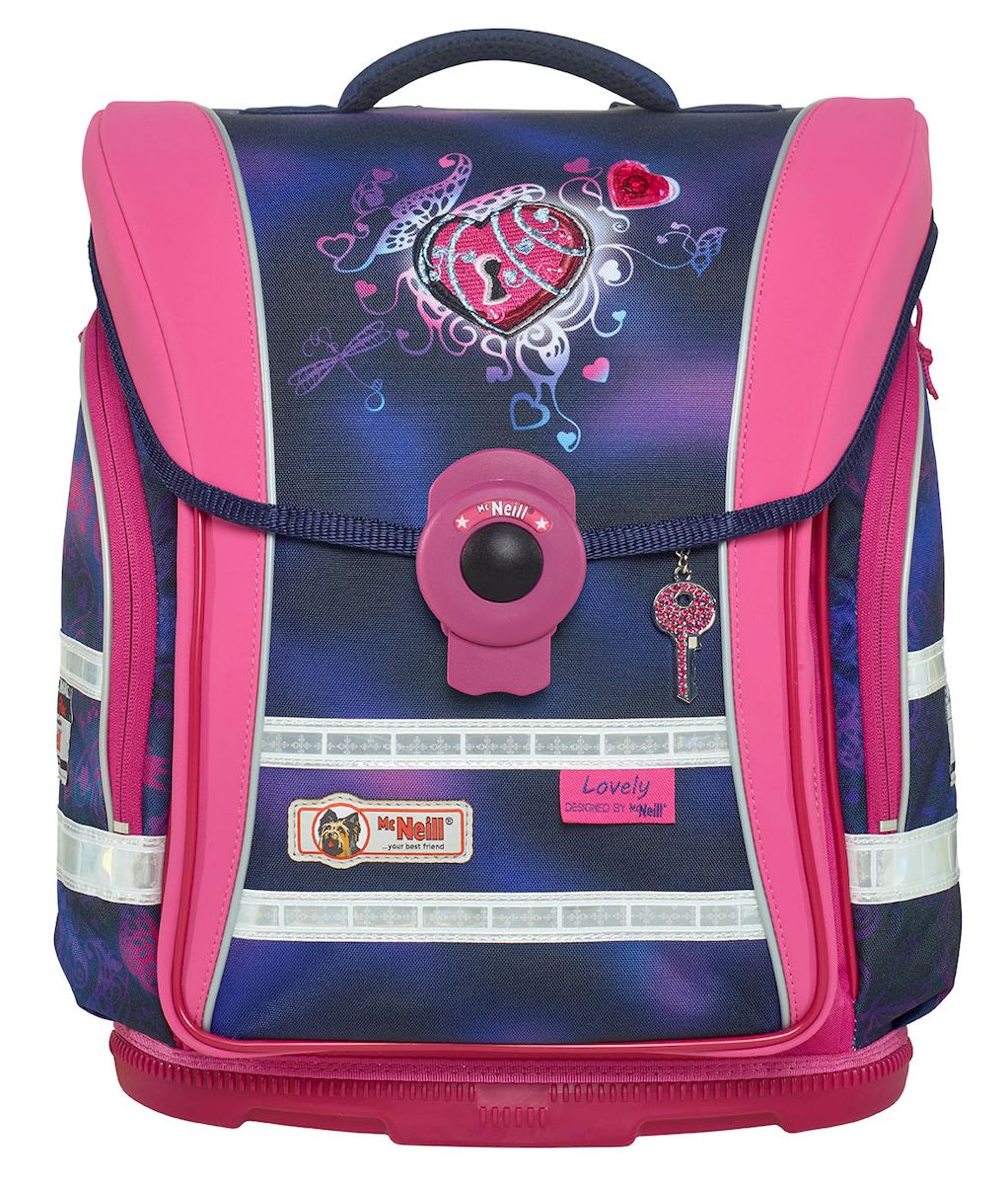 Mc Neill Ранец школьный Ergo Light Compact Любимый9604162000 Mc Neill Ранец школьный Ergo Light Compact Любимый9604162000Ранец Mc Neill Ergo Light Compact Любимый с ортопедической спинкой - лучшее решение для школьников. Изделие закрывается на автоматический магнитный замок. Клапан удлинен по бокам ранца для дополнительной защиты от дождя. Ортопедическая спинка обеспечивает постоянную циркуляцию воздуха за счет плотного вентилируемого материала, из которого она изготовлена. Регулируемые плечевые лямки дополнены мягкими вставками. Подвесная система SmartFlex отвечает за удобное прилегание к спине и позволяет адаптировать ранец под рост ребенка. Снаружи по бокам расположены 2 потайных кармана на молнии. Светоотражающие вставки обеспечивают безопасность ребенка на дорогах. Прочное пластиковое дно убережет вещи от загрязнения и влаги.