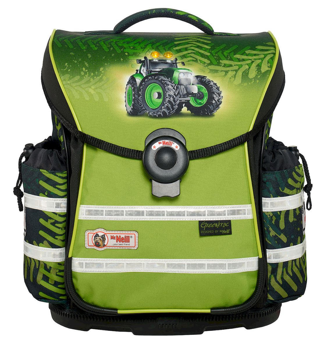 Mc Neill Ранец школьный Ergo Light Plus Гринтрак9615164000 Mc Neill Ранец школьный Ergo Light Plus Гринтрак9615164000Ранец Mc Neill Ergo Light Plus Гринтрак с ортопедической спинкой - лучшее решение для школьников. Изделие закрывается на автоматический магнитный замок. Клапан удлинен по бокам ранца для дополнительной защиты от дождя. Ортопедическая спинка обеспечивает постоянную циркуляцию воздуха за счет плотного вентилируемого материала, из которого она изготовлена. Лямки оптимальной ширины имеют анатомическую форму. Подвесная система SmartFlex отвечает за удобное прилегание к спине и позволяет адаптировать ранец под рост ребенка. Главное вместительное отделение оснащено дополнительной перегородкой для книг и тетрадей. Снаружи по бокам расположены 2 кармана. Светоотражающие вставки обеспечивают безопасность ребенка на дорогах. Прочное пластиковое дно убережет вещи от загрязнения и влаги.