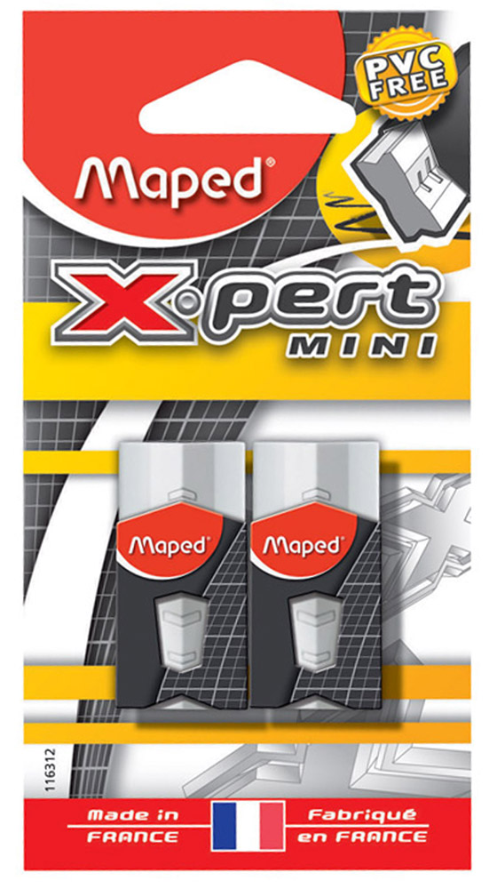 Maped Ластик Mini X-pert 2 шт116312 Maped Ластик Mini X-pert 2 шт116312Ластик Mini X-pert фигурной формы для более точного стирания легко и без следов удаляет с бумаги надписи, сделанные карандашом любой твердости. Состав нового поколения гарантирует его эффективность. Не содержит ПВХ. Характеристики: Размер ластика: 1,7 см x 4 см x 1 см.