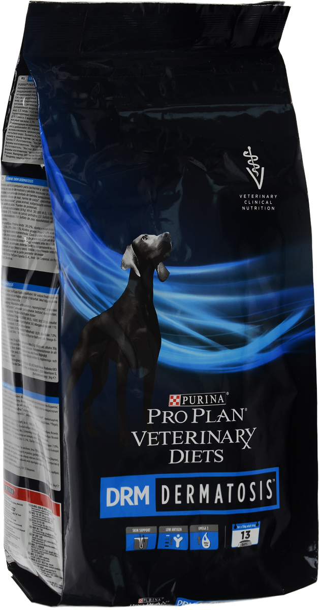 Корм сухой Pro Plan Veterinary Diets. DRM для собак, при дерматозах, 3 кг12274254 Корм сухой Pro Plan Veterinary Diets. DRM для собак, при дерматозах, 3 кг12274254Сухой полнорационный диетический корм Pro Plan Veterinary Diets. DRM предназначен для взрослых собак при дерматозах. Рекомендуется для поддержания здоровья кожи при дерматозах и сильном выпадении шерсти. Корм с высоким содержанием незаменимых жирных кислот и ограниченным количеством специально отобранных источников белка. Для собак весом более 70 кг: на каждые дополнительные 5 кг веса добавляйте 30 г корма. Рекомендуемая продолжительность кормления - до 2 месяцев. Перед использованием проконсультируйтесь с ветеринарным врачом. Следите, чтобы у собаки всегда была питьевая вода. Товар сертифицирован.