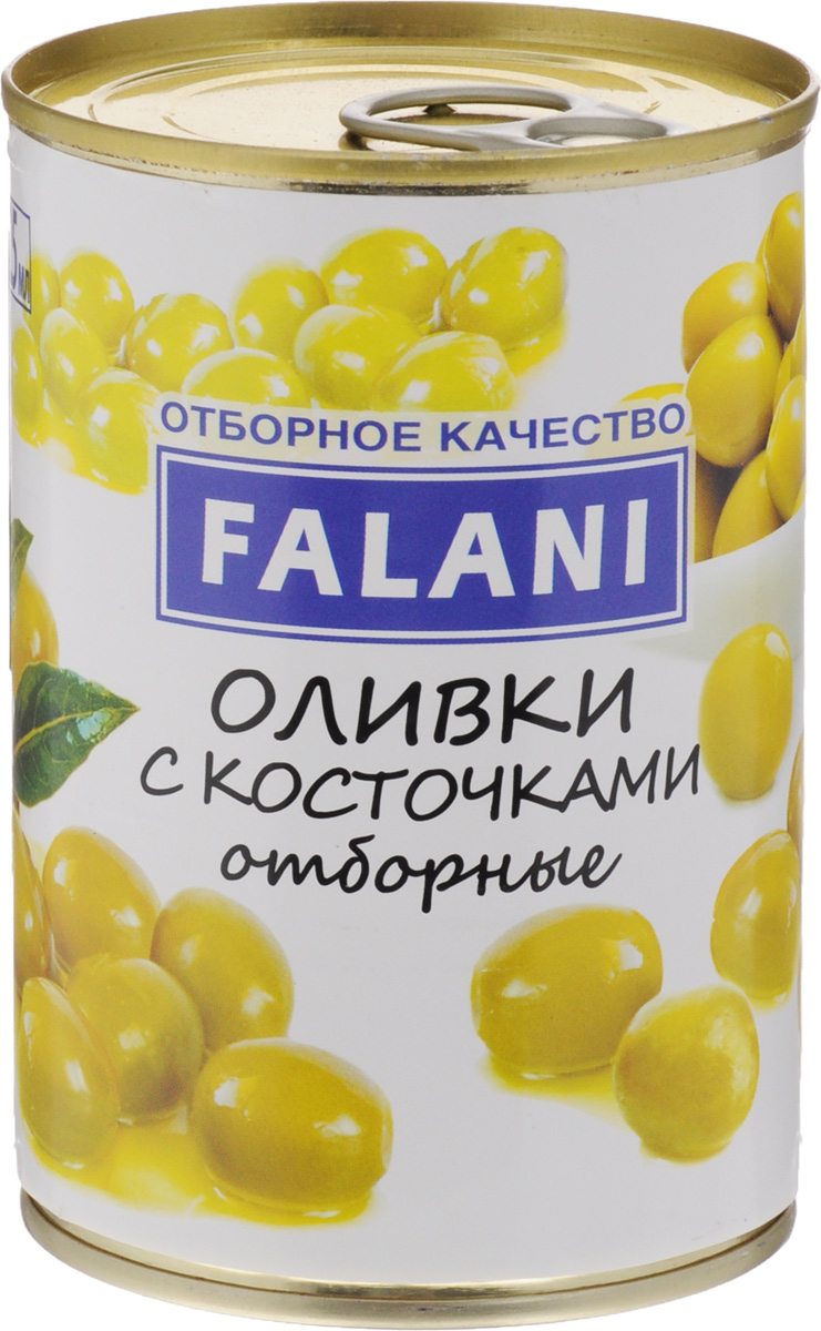 FALANI оливки отборные крупные с косточкой, 390 г4002442301659 FALANI оливки отборные крупные с косточкой, 390 г4002442301659FALANI - отборные, крупные оливки с косточкой от лучших производителей Испании. Оливки богаты белками, пектинами, сахарами, витаминами: В, С, Е, Р-активными катехинами, содержат соли калия, фосфора, железа и других элементов. Кроме того, в плодах оливы найдены углеводы, фенолкарбоновые кислоты, тритерпеновые сапонины. Оливки FALANI подойдут для украшения блюд, изготовления большого количества закусок и салатов, на их основе можно приготовить разнообразные соусы, добавить в пиццу и пироги, подать как самостоятельную закуску к винам.