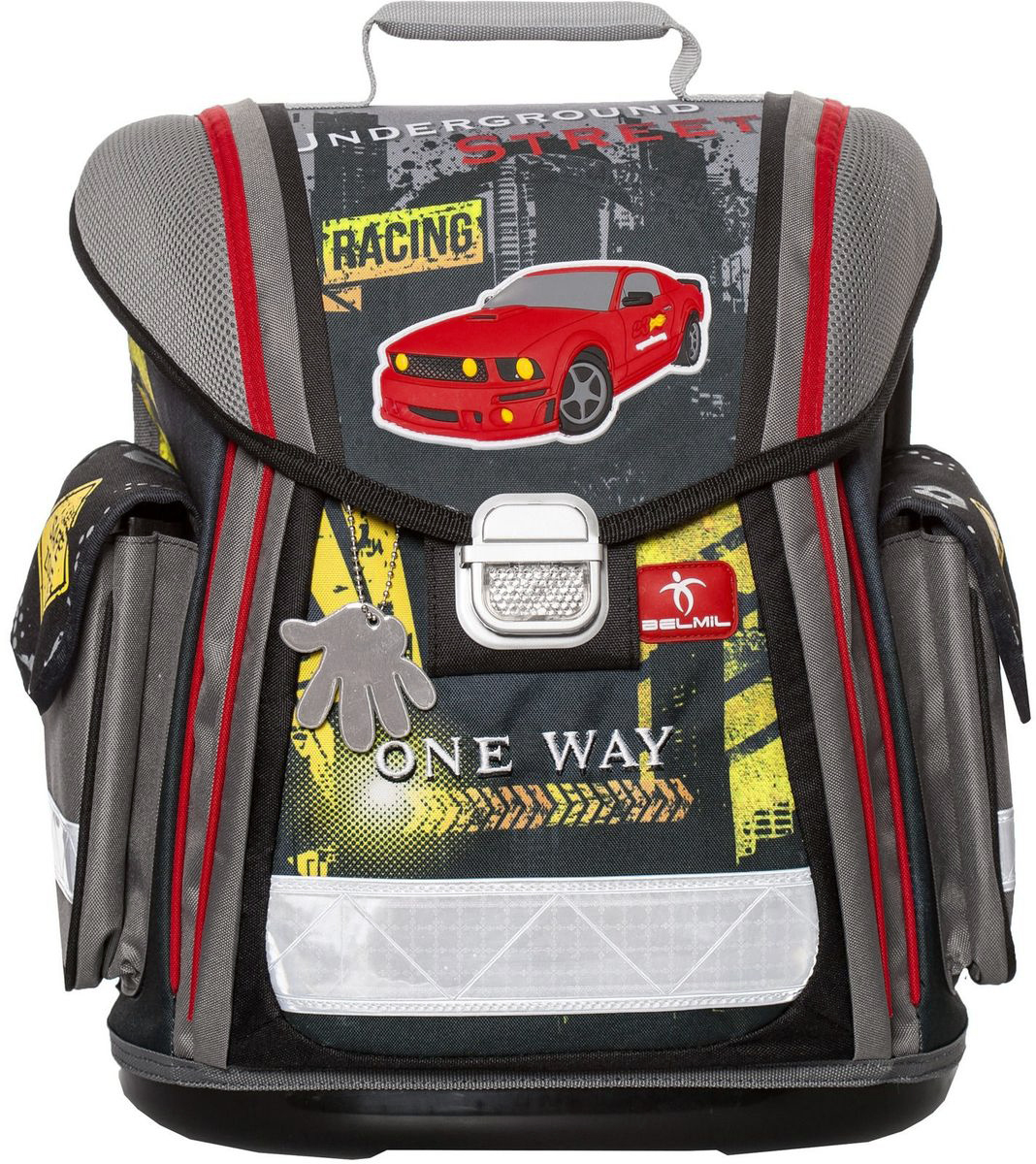 Belmil Ранец школьный One Way404-5/444 Belmil Ранец школьный One Way404-5/444Школьный ранец Belmil One Way выполнен из прочного и высококачественного полиэстера. Ранец содержит одно вместительное отделение, которое закрывается клапаном на застежку-защелку со светоотражателем. Внутри отделения имеется мягкая перегородка для тетрадей или учебников. Под клапаном на лицевой стороне находятся два открытых кармана, фиксирующиеся хлястиком на липучке. В одном кармане имеются два небольших открытых кармашка. Клапан полностью откидывается, что существенно облегчает пользование ранцем. На внутренней части клапана находится прозрачный пластиковый кармашек, в который можно поместить расписание занятий. Ранец имеет два боковых кармана, закрывающиеся клапанами на липучке. Жесткий каркас и анатомическая форма спинки способствуют равномерному распределению нагрузки и формированию правильной осанки. Конструкция спинки дополнена эргономичными подушечками, противоскользящей сеточкой и системой вентиляции для предотвращения запотевания спины ребенка. Мягкие широкие лямки...