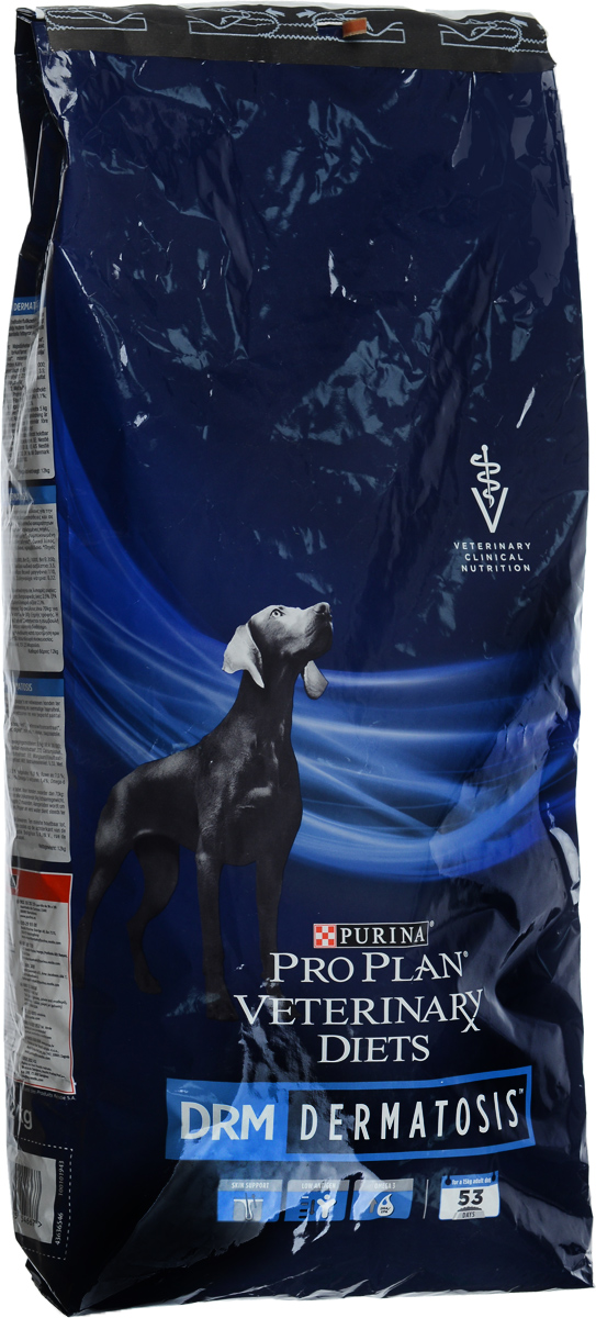 Корм сухой Pro Plan Veterinary Diets. DRM для собак при дерматозах, 12 кг12274135 Корм сухой Pro Plan Veterinary Diets. DRM для собак при дерматозах, 12 кг12274135Сухой полнорационный диетический корм Pro Plan Veterinary Diets. DRM предназначен для взрослых собак при дерматозах. Рекомендуется для поддержания здоровья кожи при дерматозах и сильном выпадении шерсти. Корм с высоким содержанием незаменимых жирных кислот и ограниченным количеством специально отобранных источников белка. Для собак весом более 70 кг: на каждые дополнительные 5 кг веса добавляйте 30 г корма. Рекомендуемая продолжительность кормления - до 2 месяцев. Перед использованием проконсультируйтесь с ветеринарным врачом. Следите, чтобы у собаки всегда была питьевая вода. Товар сертифицирован.