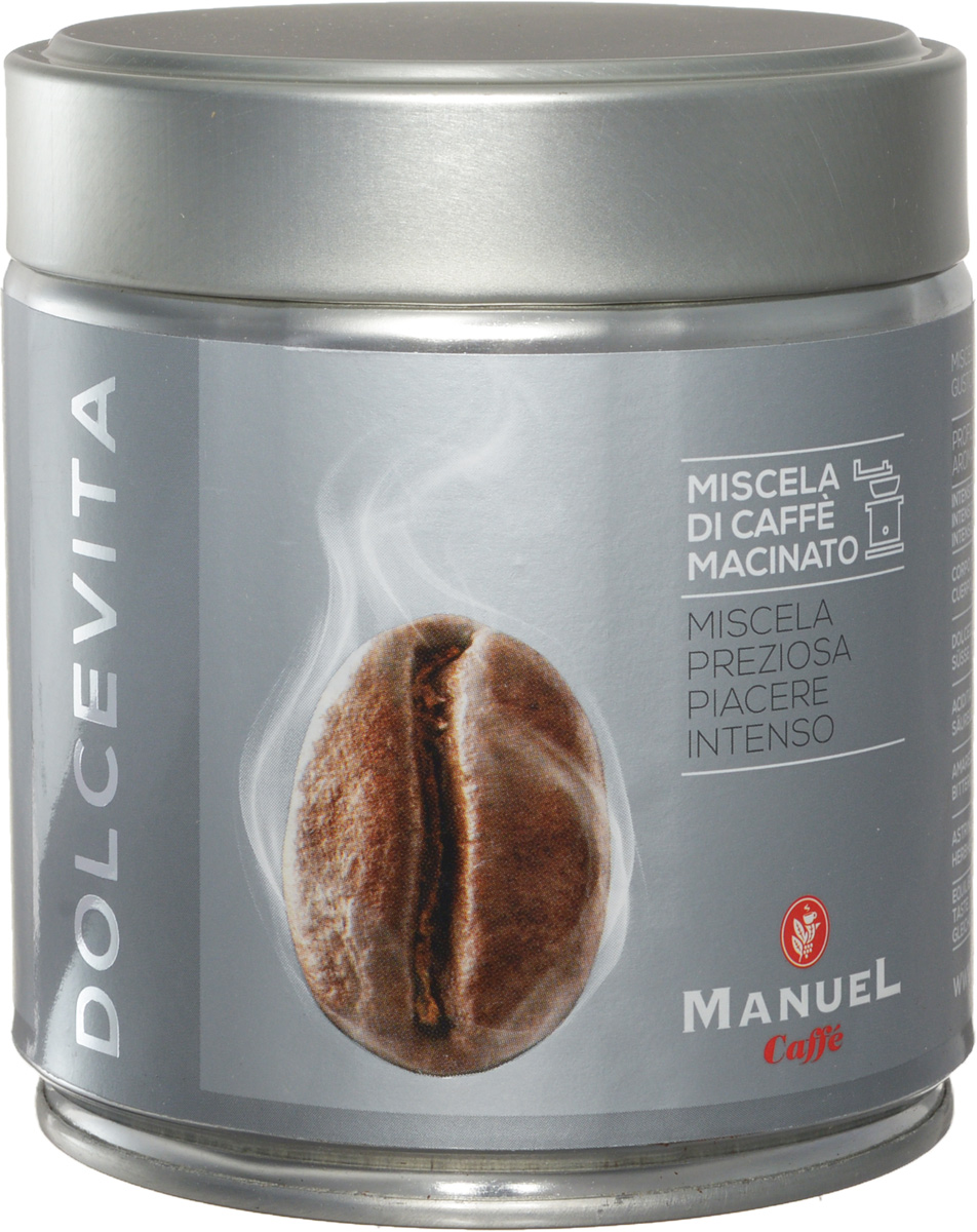 Manuel Dolce Vita кофе молотый, 125 г (ж/б)8006536201241 Manuel Dolce Vita кофе молотый, 125 г (ж/б)8006536201241Ароматная смесь Manuel Dolce Vita с приятным сбалансированным вкусом.