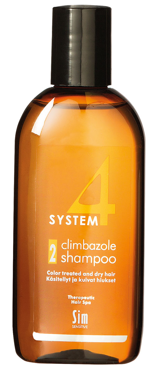 Sim Sensitive Терапевтический шампунь № 2 SYSTEM 4 Climbazole Shampoo 2, 100 мл5412 Sim Sensitive Терапевтический шампунь № 2 SYSTEM 4 Climbazole Shampoo 2, 100 мл5412КАК РАБОТАЕТ: салициловая кислота активно очищает кожу головы, предотвращая образование сухой перхоти, а климбазол и пироктон оламин восстанавливают микрофлору кожи головы. Гидролизованные протеины, гидролизованный коллаген, масло подсолнечника ухаживают за сухой кожей головы, поврежденными стержнями волос и продлевают стойкость цвета окрашенных волос. Розмарин и ментол обладают освежающим антибактериальным эффектом, улучшают микроциркуляцию крови. рН-4,7. БОРЕТСЯ С: сухостью кожи головы, зудом, раздражением кожи головы, сухой перхотью, cухостью, ломкостью волос, расслоением стержня волоса непослушностью и поврежденностью волос после окрашивания или химической обработки