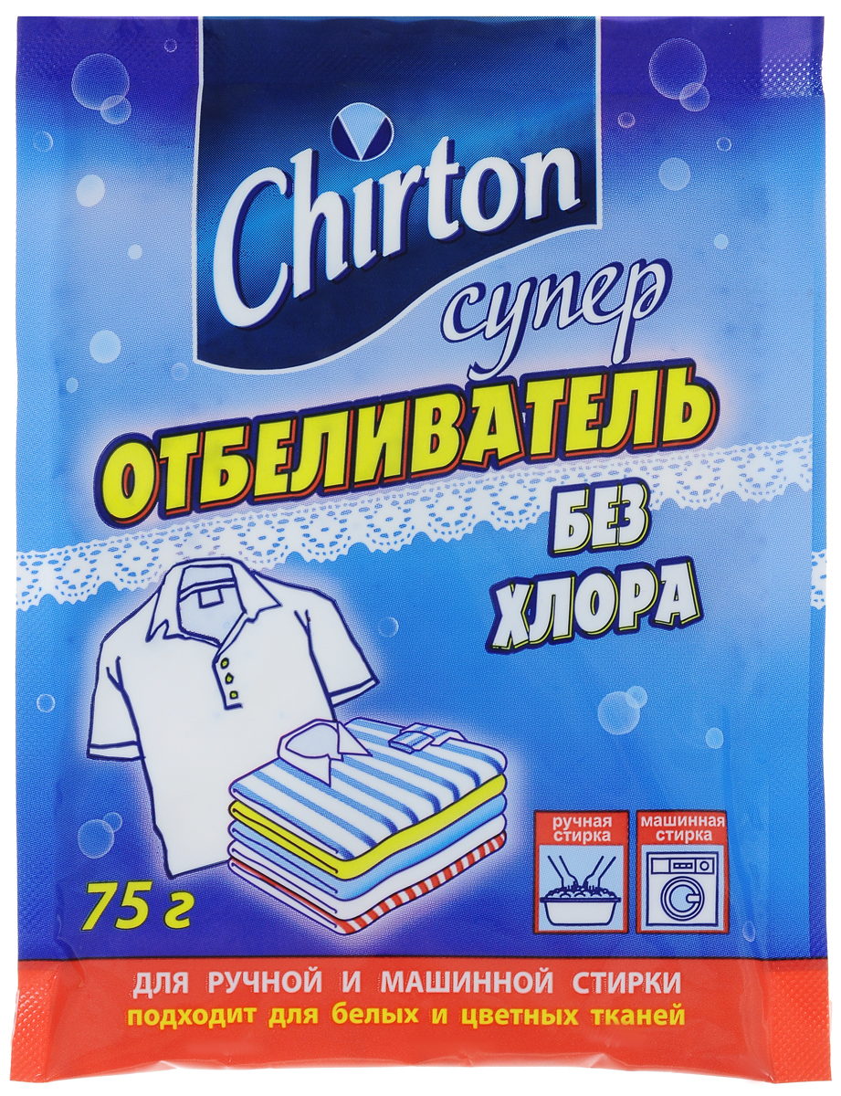 Отбеливатель Chirton, 75 г44180 Отбеливатель Chirton, 75 г44180Отбеливатель Chirton предназначен для отбеливания хлопчатобумажных, льняных, вискозных тканей при стирке. Эффективно усиливает действие любого стирального средства - простого или концентрированного, порошкообразного или жидкого. Благодаря специальному составу, отбеливатель проникает между волокнами ткани и удаляет даже трудновыводимые пятна (кофе, чай, сок, кровь, ягоды, вино, фрукты), не удаляемые обычным стиральным средством, не нарушая при этом структуру ткани. Преимущества: - Не содержит хлор. - Сохраняет отбеливающие свойства в холодной воде. - Рекомендуется для детского белья и тонких тканей. - Не оказывает вредного воздействия на кожу рук при ручной стирке. - Придает белью приятный аромат. Товар сертифицирован.