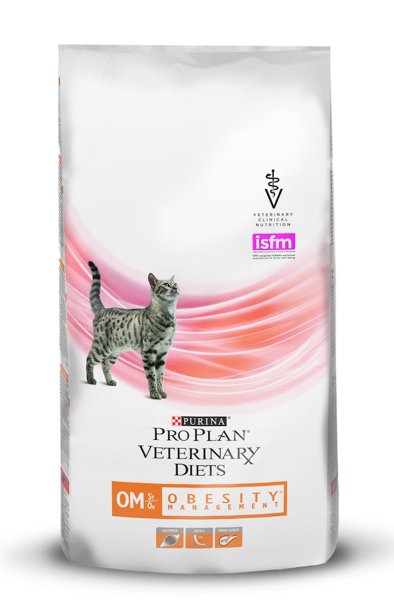Корм сухой для кошек Pro Plan Veterinary Diets. OM, при ожирении, 1,5 кг12274499 Корм сухой для кошек Pro Plan Veterinary Diets. OM, при ожирении, 1,5 кг12274499Purina Pro Plan Veterinary Diets OM Корм сухой полнорационный диетический для взрослых кошек при ожирении. Корм рекомендуется для снижения избыточной массы тела, имеет низкокалорийную рецептуру. Высокое содержание белка способствует потере жира при сохранении мышечной массы Низкокалорийный рацион помогает в снижении веса. Уменьшает риск образования мочевых камней - струвитов и оскалатов, - которые чаще встречаются у кошек с избыточным весом. До достижения желаемой массы тела. Перед использованием и увеличением периода кормления сверх рекомендованного проконсультируйтесь с ветеринаром. Следите, чтобы у кошки всегда была питьевая вода. Продукт выпускается также в виде влажного корма. Для снижения избыточной массы тела можно комбинировать сухой и влажный корм.