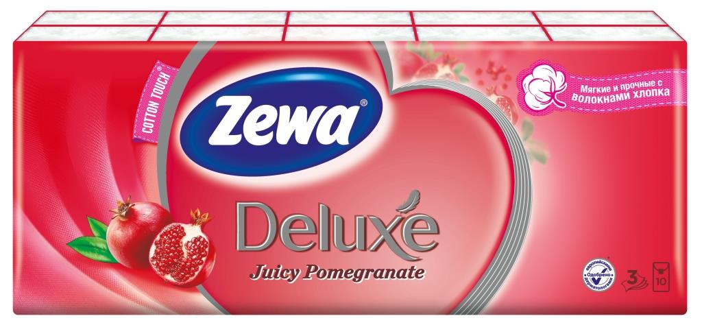 Zewa Бумажные платочки Deluxe. Гранат, 10 х 10 шт140808595 Zewa Бумажные платочки Deluxe. Гранат, 10 х 10 шт140808595Бумажные платочки Zewa COTTON TOUCH® произведены с добавлением натуральных волокон хлопка и одновременно сочетают в себе мягкость и прочность. Они деликатно и нежно заботятся о Вашей коже и дарят незабываемые ощущения прикосновения хлопка. C Zewa COTTON TOUCH® у вас всегда под рукой гигиеничный и надежный помощник! Белые 3-х слойные носовые платки с ароматом граната. По 10 платков в индивидуальной упаковке. В блоке 10 индивидуальных упаковок. Состав: целлюлоза, волокна хлопка. Производство: Россия.