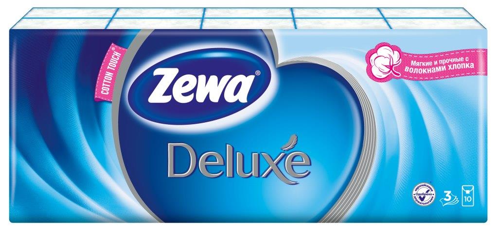 Набор трехслойных бумажных платков Zewa Deluxe, 10 х 10 шт51174 Набор трехслойных бумажных платков Zewa Deluxe, 10 х 10 шт51174Бумажные гигиенические платки Zewa Deluxe, изготовленные из 100% натуральной целлюлозы, подходят для детей и взрослых. Они обладают уникальными свойствами, так как всегда остаются мягкими на ощупь, прочными и отлично впитывающими влагу и могут быть пригодными в любой ситуации. Платочки не содержат флуоресцентных добавок, парфюмерных отдушек и красителей. Не раздражают кожу. Удобная небольшая упаковка позволяет носить платочки в кармане.