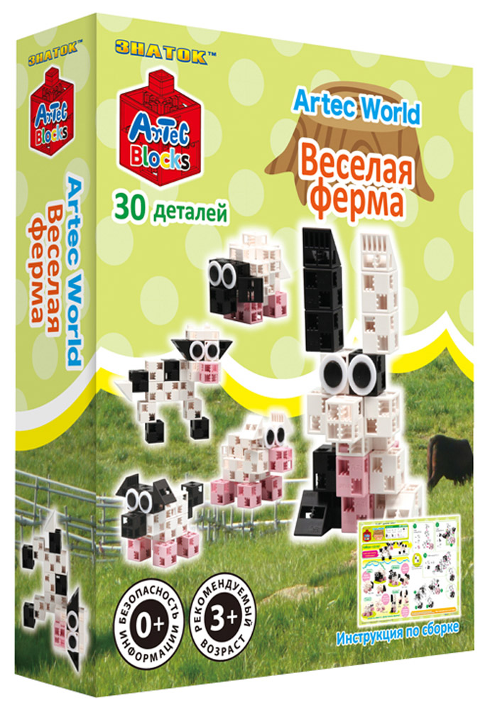 Знаток Конструктор Веселая ферма15-2345-ART Знаток Конструктор Веселая ферма15-2345-ARTС помощью конструктора Веселая ферма ваш ребенок сможет собрать самых разнообразных домашних животных и отправиться вместе с ними гулять на свежем воздухе по ферме. Конструктор Artec Blocks поможет вашему малышу быстро освоить азы моделирования и воплотить в реальность свои самые фантастические замыслы! Набор состоит из 30 разноцветных деталей в форме кубиков, дисков и треугольников. Красочная инструкция подскажет, как собрать корову, веселую свинку, кролика, овечку или пастушью собачку. В комплект входят элементы-глаза, которые оживят обитателей фермы и превратят сборку конструктора в увлекательную игру! Artec Blocks — это первый в мире конструктор, детали которого можно соединять в любом направлении: по горизонтали, вертикали и даже по диагонали, выстраивая таким образом фигуры любой формы и размера! Во время игры с конструктором Artec у ребенка будет развиваться как мелкая моторика рук, так и воображение – ведь ему самому захочется придумывать сюжеты для игры....