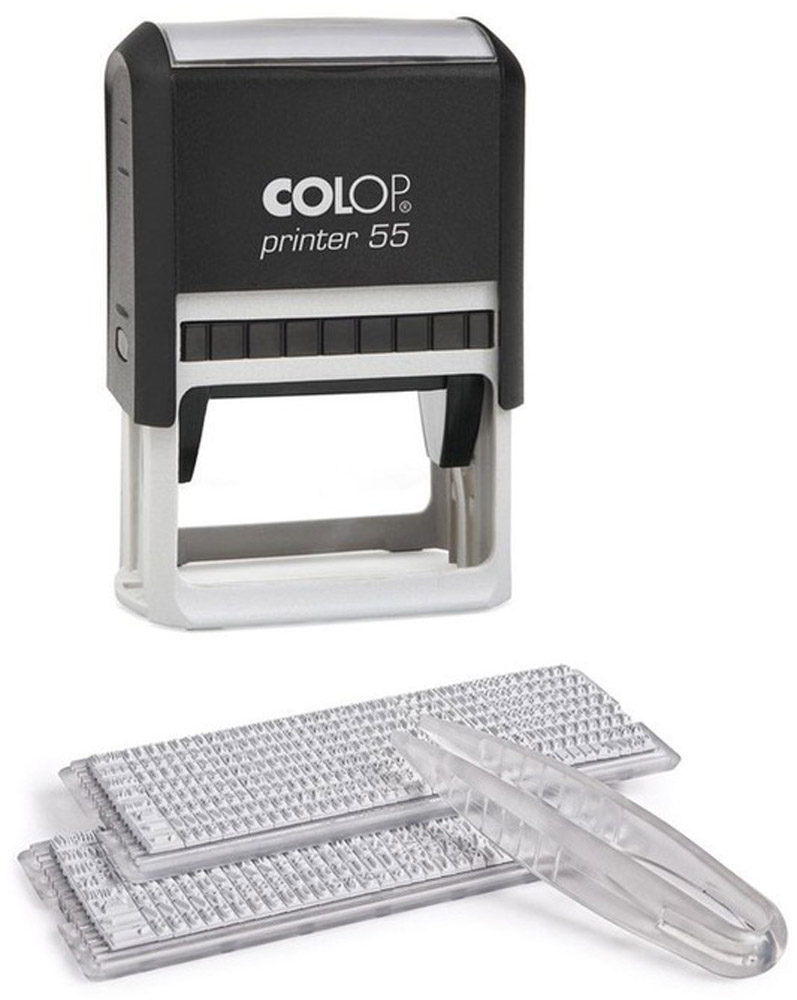 Colop Штамп самонаборный десятистрочный Printer C55Printer55-SET Colop Штамп самонаборный десятистрочный Printer C55Printer55-SETСамонаборный десятистрочный штамп Colop Printer C55 используется для самостоятельного набора и изменения текста. Крепление символов на одной ножке. Имеет рамку. Штампы, модифицированные рамкой, могут использоваться как с рамкой, так и без. Кол-во строк - 10 (8), кол-во знаков в строке - 37 (33)/26 (19). В комплекте пластиковый корпус с автоматическим окрашиванием, кассы букв Type Set A и Type Set B, сменная штемпельная подушка 40 мм х 60 мм (код С11523), пинцет.