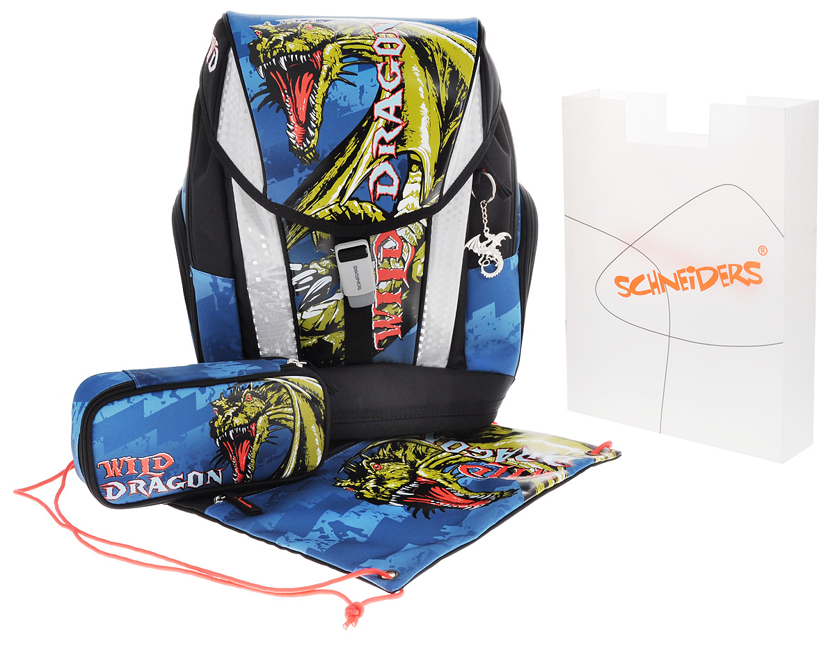 Schneiders Ранец школьный Toolbag Wild Dragon с наполнением 3 предмета78417/70 Schneiders Ранец школьный Toolbag Wild Dragon с наполнением 3 предмета78417/70Школьный ранец Toolbag Wild Dragon сочетает в себе модный вид рюкзака и эргономичность школьного ранца. Ранец имеет два отделения, закрывающиеся на молнию и клапан с магнитной застежкой. Под откидным клапаном расположено окошко для расписания уроков. Внутри главного отделения расположен накладной открытый карман и разделитель, предназначенный для размещения предметов без сложения, размером до формата А4 включительно. В другом отделении имеется открытый накладной кармашек для мобильного телефона. Снаружи ранец украшен металлической подвеской в виде дракона. По бокам ранца размещены два дополнительных накладных кармана на молниях, в одном из них находится дополнительный сетчатый карман для бутылочки с водой. Модель оснащена четырьмя уровнями фиксации. Система регулировки высоты позволяет идеально подогнать ранец под анатомию спины ребенка. Ремень на поясе и грудная стяжка гарантируют оптимальное распределение нагрузки, а новая магнитная система...