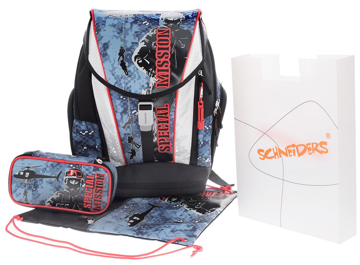 Schneiders Ранец школьный Toolbag Special Mission с наполнением 3 предмета78415/80 Schneiders Ранец школьный Toolbag Special Mission с наполнением 3 предмета78415/80Школьный ранец Toolbag Special Mission сочетает в себе модный вид рюкзака и эргономичность школьного ранца. Ранец имеет одно отделение, закрывающееся на молнию и клапан с магнитной застежкой. Под откидным клапаном расположено окошко для расписания уроков. Внутри отделения расположен накладной открытый карман, разделитель, предназначенный для размещения предметов без сложения, размером до формата А4 включительно, и открытый накладной кармашек для мобильного телефона. Под клапаном расположен глубокий внешний карман на молнии. Снаружи ранец украшен металлической подвеской в виде фонарика на карабине. По бокам ранца размещены два дополнительных накладных кармана на молниях, в одном из них находится дополнительный сетчатый карман для бутылочки с водой. Модель оснащена четырьмя уровнями фиксации. Система регулировки высоты позволяет идеально подогнать ранец под анатомию спины ребенка. Ремень на поясе и грудная стяжка гарантируют оптимальное ...