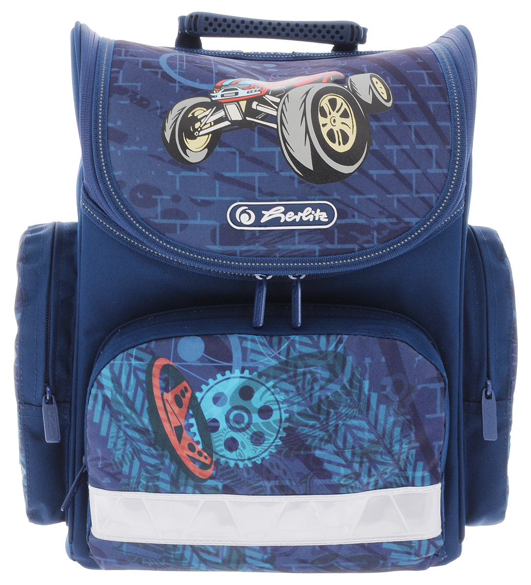 Herlitz Ранец школьный Roadstar11408283 Herlitz Ранец школьный Roadstar11408283Школьный ранец Herlitz Mini. Roadstar выполнен из легкого и прочного материала. Ранец имеет одно основное отделение, закрывающееся на молнию с двумя бегунками. Клапан полностью откидывается, что существенно облегчает пользование ранцем. На внутренней части клапана находится прозрачный пластиковый кармашек, в который можно поместить данные о владельце ранца. Внутри главного отделения расположена мягкая перегородка для тетрадей или учебников. На лицевой стороне ранца расположен накладной карман на застежке-молнии. По бокам ранца размещены два накладных кармана на молнии. Ортопедическая спинка, созданная по специальной технологии из дышащего материала, равномерно распределяет нагрузку на плечевые суставы и спину. В нижней части спинки расположен поясничный упор - небольшой валик, на который при правильном ношении ранца будет приходиться основная нагрузка. Изделие оснащено удобной ручкой для переноски в руке и двумя широкими лямками, регулируемой длины. У ранца имеются...