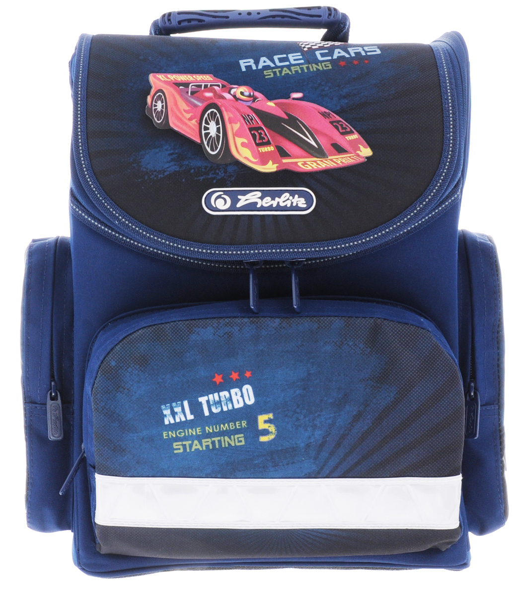 Herlitz Ранец школьный Race Cars11408275 Herlitz Ранец школьный Race Cars11408275Школьный ранец Herlitz Mini. Race Cars выполнен из легкого и прочного материала. Ранец имеет одно основное отделение, закрывающееся на молнию с двумя бегунками. Клапан полностью откидывается, что существенно облегчает пользование ранцем. На внутренней части клапана находится прозрачный пластиковый кармашек, в который можно поместить данные о владельце ранца. Внутри главного отделения расположена мягкая перегородка для тетрадей или учебников. На лицевой стороне ранца расположен накладной карман на застежке-молнии. По бокам ранца размещены два накладных кармана на молнии. Ортопедическая спинка, созданная по специальной технологии из дышащего материала, равномерно распределяет нагрузку на плечевые суставы и спину. В нижней части спинки расположен поясничный упор - небольшой валик, на который при правильном ношении ранца будет приходиться основная нагрузка. Изделие оснащено удобной ручкой для переноски в руке и двумя широкими лямками, регулируемой длины. У ранца...