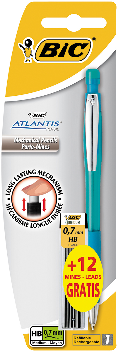 Bic Карандаш механический Atlantis со сменными грифелями цвет корпуса бирюзовыйB8208002 Bic Карандаш механический Atlantis со сменными грифелями цвет корпуса бирюзовыйB8208002Механический карандаш Bic Atlantis будет вашим незаменимым помощников в школе, офисе и дома. Благодаря выдвижному пишущему узлу карандаш не пачкается. Прорезиненный грип исключает скольжение пальцев во время письма, обеспечивая комфорт. Специальный ластик для графита встроен в кнопку карандаша. В комплект также входит контейнер с 12 запасными грифелями.