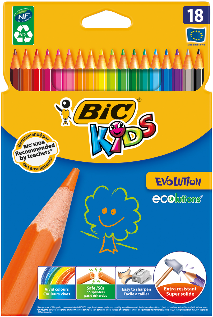 Bic Набор цветных карандашей Evolution 18 цветовB829728 Bic Набор цветных карандашей Evolution 18 цветовB829728Набор цветных карандашей Bic Evolution идеален для ежедневного использования маленькими художниками! В наборе карандаши 18 ярких цветов. Ультрапрочные цветные карандаши изготовлены без использования древесины. Цветной стержень обеспечивает отличную степень закрашивания.