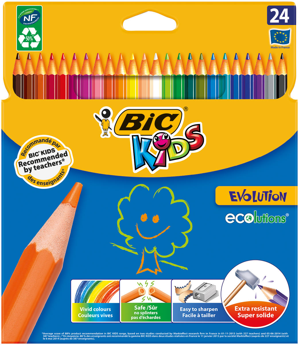 Bic Набор цветных карандашей Evolution 24 цветаB829733 Bic Набор цветных карандашей Evolution 24 цветаB829733Набор цветных карандашей Bic Evolution идеален для ежедневного использования маленькими художниками! В наборе карандаши 24 ярких цветов. Ультрапрочные цветные карандаши изготовлены без использования древесины. Цветной стержень обеспечивает отличную степень закрашивания.