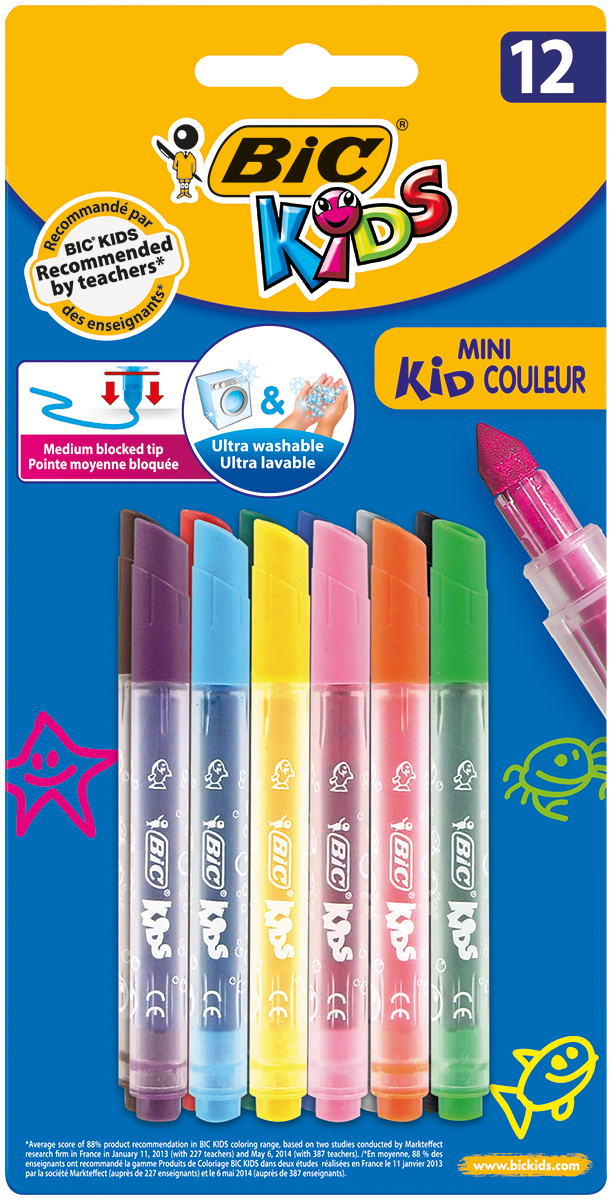 Bic Набор фломастеров Mini Kid Couleur 12 цветовB8374903 Bic Набор фломастеров Mini Kid Couleur 12 цветовB8374903Цветные мини-фломастеры Bic Mini Kid Couleur с чернилами на водной основе. Вентилируемый колпачок позволяет ребенку не задохнуться при проглатывании колпачка. Чернила легко смываются с большинства тканей. В наборе 12 фломастеров.