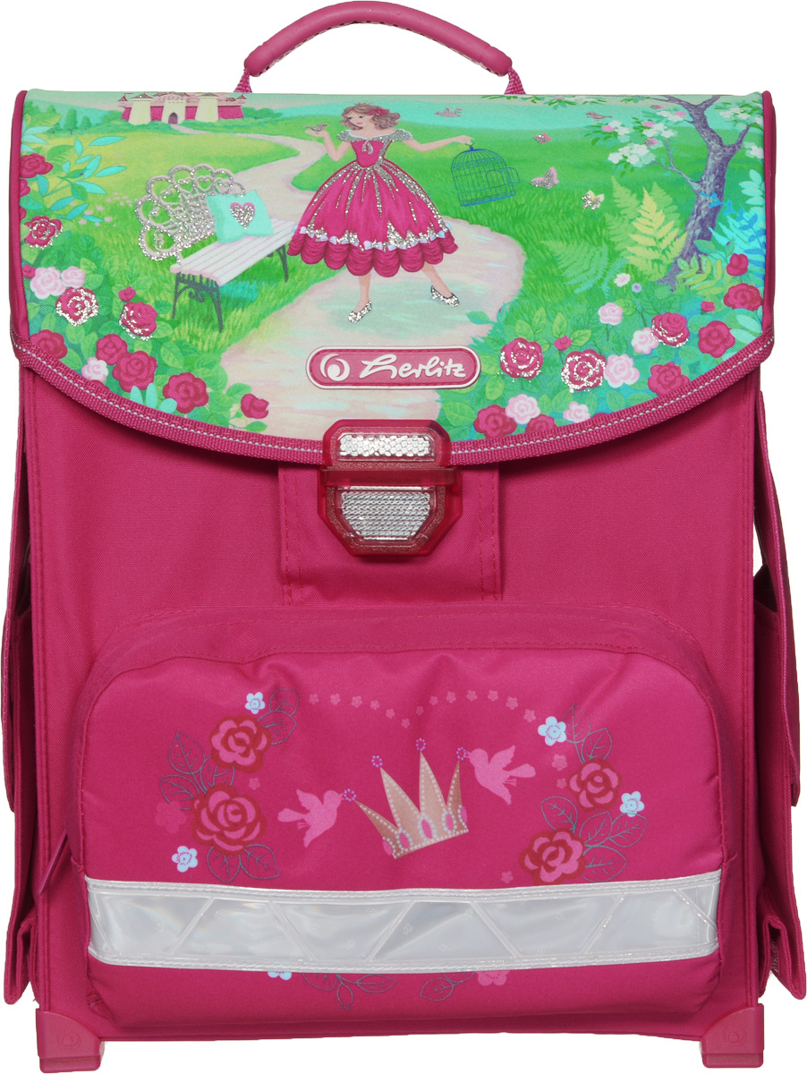 Herlitz Ранец школьный Princess Rosa11438363 Herlitz Ранец школьный Princess Rosa11438363Яркий школьный ранец Herlitz Princess Rosa обязательно привлечет внимание школьницы. Ранец выполнен из материалов высшего качества с водоотталкивающей пропиткой. Содержит одно вместительное отделение, закрывающееся клапаном на удобный защелкивающийся замок со встроенным светоотражателем, который легко открывать и закрывать. Внутри отделения имеется мягкая перегородка для тетрадей или учебников. Клапан полностью откидывается, что существенно облегчает пользование ранцем. На внутренней части клапана находится прозрачный пластиковый кармашек, в который можно поместить расписание занятий. Ранец имеет два боковых кармана, закрывающихся клапанами на липучки. Лицевая сторона ранца оснащена накладным карманом на застежке-молнии, который отлично подойдет для пенала. Конструкция спинки ранца дополнена эргономичными подушечками, противоскользящей сеточкой и системой вентиляции для предотвращения запотевания спины ребенка. Мягкие широкие лямки позволяют легко и...
