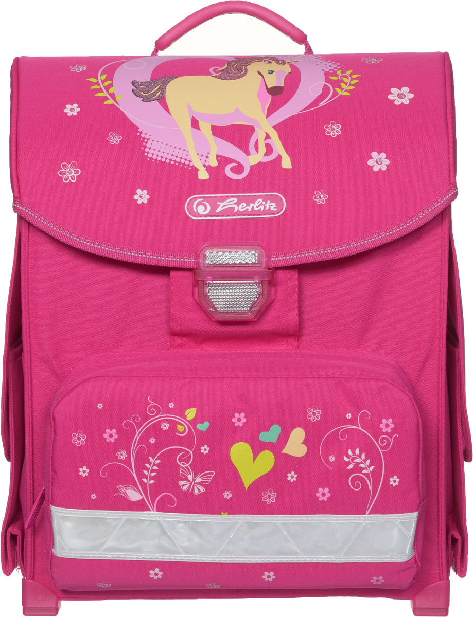 Herlitz Ранец школьный Lovely11408051 Herlitz Ранец школьный Lovely11408051Яркий и модный школьный ранец Herlitz Lovely обязательно привлечет внимание вашего ребенка. Ранец выполнен из современного легкого и прочного материала и весит около 1 кг. Ранец содержит одно вместительное отделение, закрывающееся клапаном на замок-защелку со встроенным светоотражающим элементом. Внутри отделения имеется мягкая перегородка для тетрадей или учебников. Клапан полностью откидывается, что существенно облегчает пользование ранцем. На внутренней части клапана находится прозрачный пластиковый кармашек, в который можно поместить расписание занятий. Ранец имеет два боковых накладных кармана на липучках. Лицевая сторона ранца оснащена накладным карманом на застежке-молнии, который хорошо подойдет для пенала. Конструкция спинки дополнена эргономичными подушечками, противоскользящей сеточкой и системой вентиляции для предотвращения запотевания спины ребенка. Мягкие анатомические лямки позволяют легко и быстро отрегулировать рюкзак в...