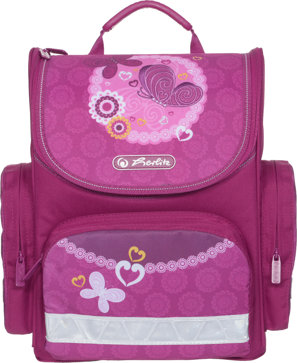 Herlitz Ранец школьный Butterfly цвет темно-розовый11408242 Herlitz Ранец школьный Butterfly цвет темно-розовый11408242Школьный ранец Herlitz Butterfly станет для вашего ребенка надежным спутником в получении знаний. Выполнен из прочного полиэстера темно-розового цвета. Ранец состоит из одного вместительного отделения, закрывающегося клапаном на застежку-молнию с двумя бегунками. Внутри отделения находится мягкая перегородка для тетрадей или учебников. На внутренней части клапана находится пластиковый кармашек, в который можно поместить данные о владельце ранца. На внешней стороне ранца имеется накладной карман, закрывающийся на застежку-молнию. По бокам ранца расположены два накладных кармана, которые закрываются с помощью застежек-молний. Бегунки на застежках дополнены металлическими держателями с надписью Herlitz. Ортопедическая спинка позволяет уменьшить нагрузку на спину. Ранец оснащен широкими мягкими лямками, регулируемыми по длине, которые равномерно распределяют нагрузку на плечевой пояс, и удобной прорезиненной ручкой для переноски в руке....