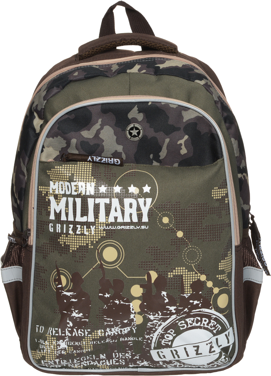 Grizzly Рюкзак детский Modern Military цвет коричневый хакиRB-632-2/2 Grizzly Рюкзак детский Modern Military цвет коричневый хакиRB-632-2/2Детский рюкзак Grizzly Modern Military - это стильный рюкзак, который подойдет всем, кто хочет разнообразить свои школьные будни. Рюкзак выполнен из плотного полиэстера. Благодаря уплотненной спинке и двум мягким плечевым ремням, длина которых регулируется, у ребенка не возникнет проблем с позвоночником. Конструкция спинки дополнена двумя эргономичными подушечками, противоскользящей сеточкой и системой вентиляции для предотвращения запотевания спины ребенка. Рюкзак состоит из двух основных вместительных отделений, закрывающихся на застежки-молнии. Большое отделение содержит небольшой пришивной кармашек на молнии и два мягких разделителя для тетрадей и учебников, фиксирующихся резинкой. Дно рюкзака можно сделать жестким, разложив специальную панель с пластиковой вставкой, что повышает сохранность содержимого рюкзака и способствует правильному распределению нагрузки. Во втором отделении карманов нет. Лицевая сторона оснащена вместительным накладным...