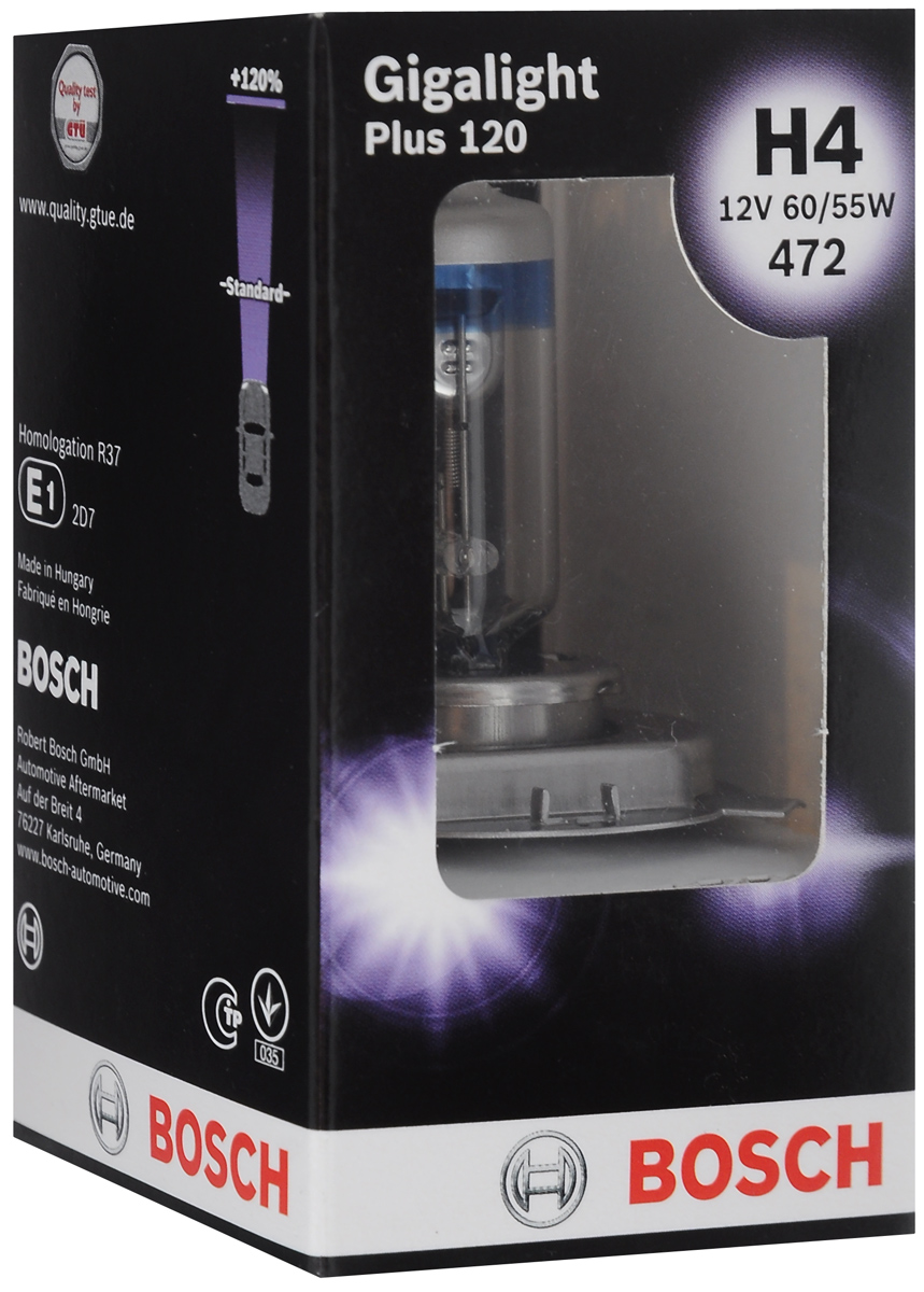 Лампа галогеновая Bosch H4. Gigalight +120, с эффектом ксенонового света, 12V, 60/55W, 1 шт1987301160 Лампа галогеновая Bosch H4. Gigalight +120, с эффектом ксенонового света, 12V, 60/55W, 1 шт1987301160Галогеновая лампа Bosch H4. Gigalight +120 - источник света, у которого светящим элементом является вольфрамовая спираль. У лампы есть большой запас срока службы. Способна выдержать большое количество включений и выключений. Питание: 12 В. Номинальная мощность: 60/55 Вт.
