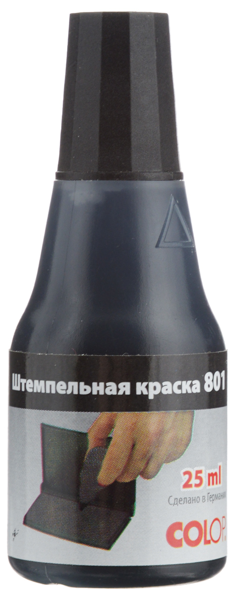 Colop Штемпельная краска цвет черный 25 мл801/25ч Colop Штемпельная краска цвет черный 25 мл801/25чШтемпельная краска Colop на водной основе с содержанием глицерина предназначена для дозаправки настольных штемпельных подушек. Используется с резиновым или полимерным клише. Предназначена для всех видов бумаги (кроме глянцевой) и картона. Флакон имеет дозатор и крышку, указывающую на цвет краски. Объем - 25 мл. Цвет - черный.