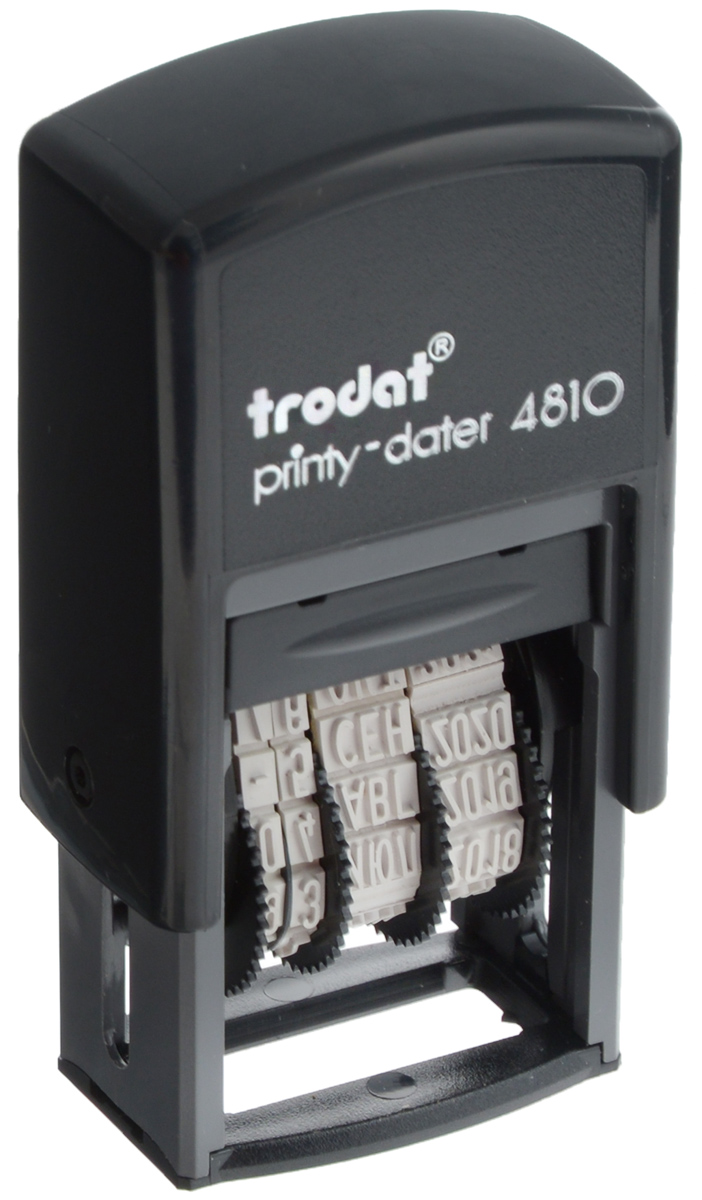 Trodat Мини-датер Printy месяц прописью4810 Trodat Мини-датер Printy месяц прописью4810Компактный мини-датер Trodat Printy с пластиковым корпусом и автоматическим окрашиванием рассчитан на 12 лет, включая текущий год. Установка даты осуществляется с помощью колесиков. Высота шрифта - 3,8 мм. Оттиск однострочный. Месяц указывается прописью.