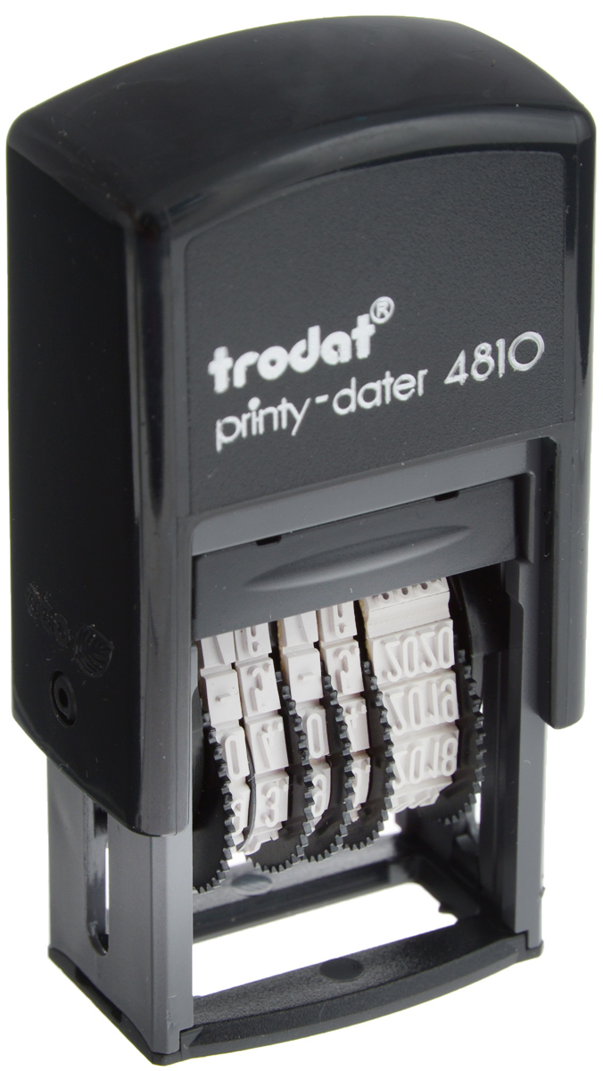 Trodat Мини-датер Printy месяц цифрами4810В Trodat Мини-датер Printy месяц цифрами4810ВКомпактный мини-датер Trodat Printy с пластиковым корпусом и автоматическим окрашиванием рассчитан на 12 лет, включая текущий год. Установка даты осуществляется с помощью колесиков. Высота шрифта - 3,8 мм. Оттиск однострочный. Месяц указывается цифрами.